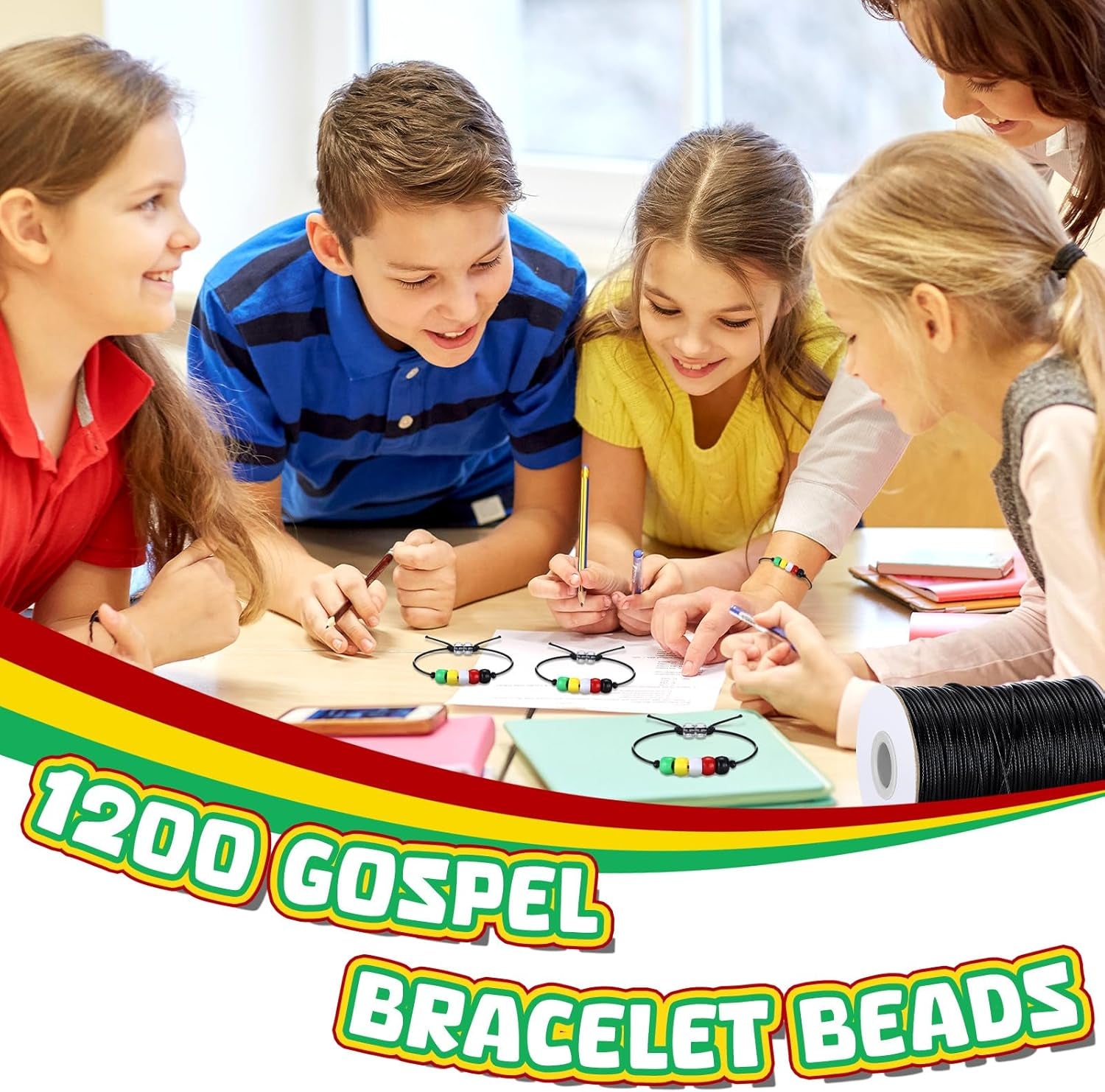 1200 Pcs Plan of Salvation Bracelet Bead Bulk Wordless Faith Bracelet Clear Red Black Green Yellow White Beads with 100 Yards Waxed Cotton Thread Cord Christian Bible Teaching Craft Kits