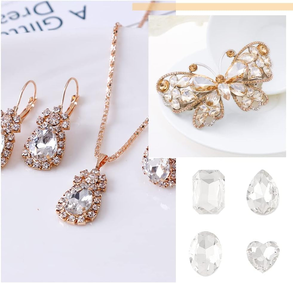 64 Pcs 4 Shapes Pointed Back Rhinestone Glass Rhinestones Gems Clear Rectangle/Teardrop/Heart/Oval Crystal Jewels Embelishments with Silver Plated Back for DIY Craft Jewelry Making