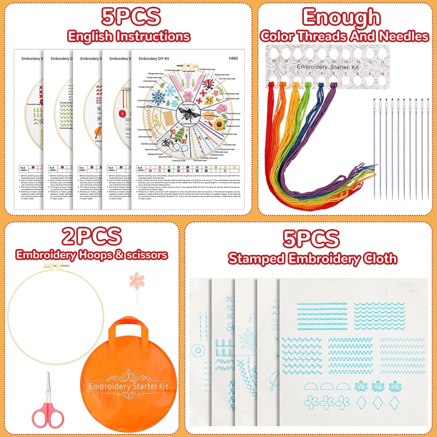 5 Set Embroidery Stitches Practice Kit, Embroidery Kit for Beginners with Embroidery Patterns, Beginner Embroidery Kit, Embroidery Kits for Adults, Hand Embroidery Kit for Kids