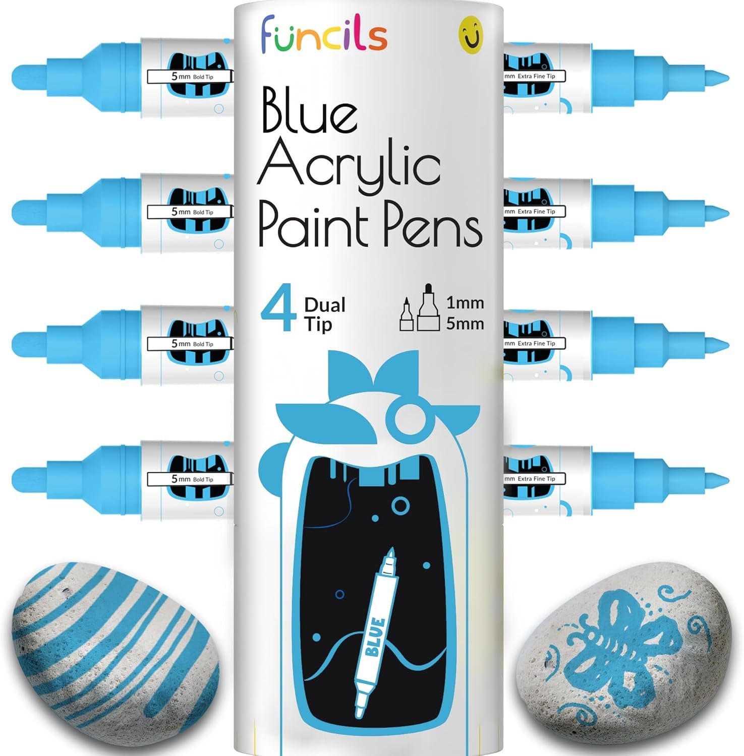 4 Dual Tip Acrylic Paint Pens - Fine Tip &amp; Medium, Permanent &amp; Waterproof - Acrylic Paint Markers for Rock Painting, Canvas, Wood, Ceramic, Glass, Fabric, Metal - White, Black, Gold &amp; Silver