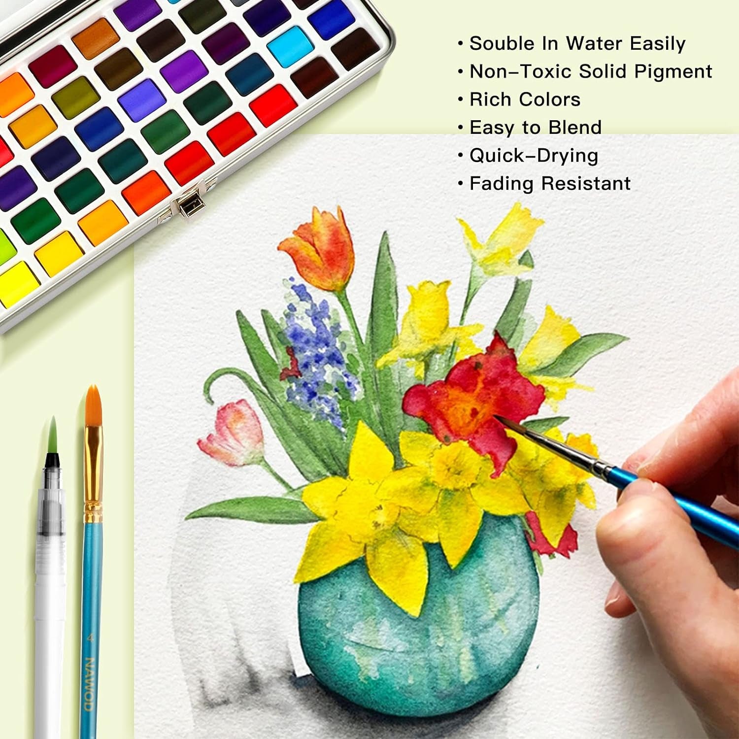 NAWOD Watercolor Paint Set, 50 Vivid Colors in Portable Box, Including Metallic and Fluorescent Colors, Watercolor Paper, Brushes. Ideal for Kids, Adults, Artists and Hobbyists, Perfect Starter Kit