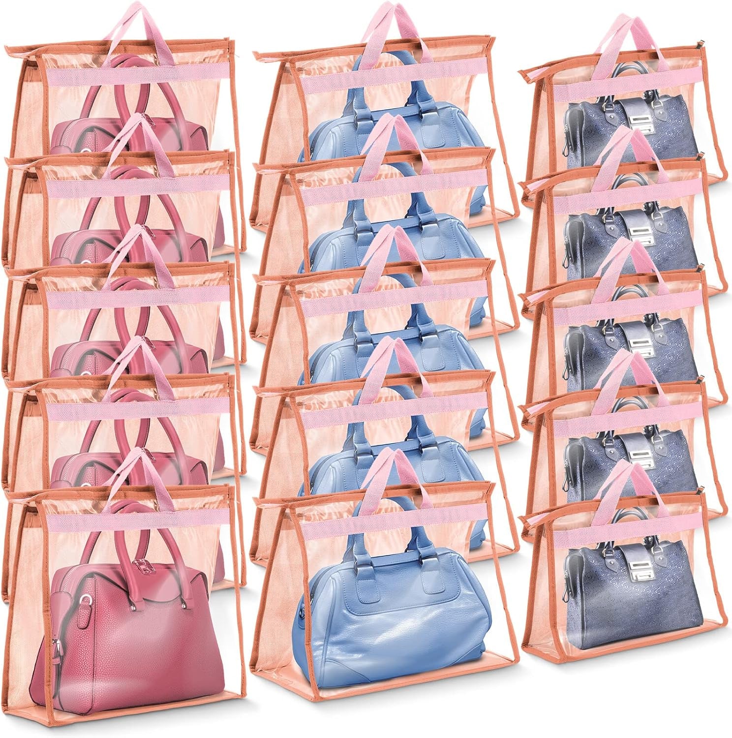 15 Pieces Dust Cover Organizer Bags for Handbags, 3 Sizes Clear Handbag Storage Bag Purse Storage with Zipper and Handles Dust Bags for Purses Handbags Closet, 5 Each Size (Gray)