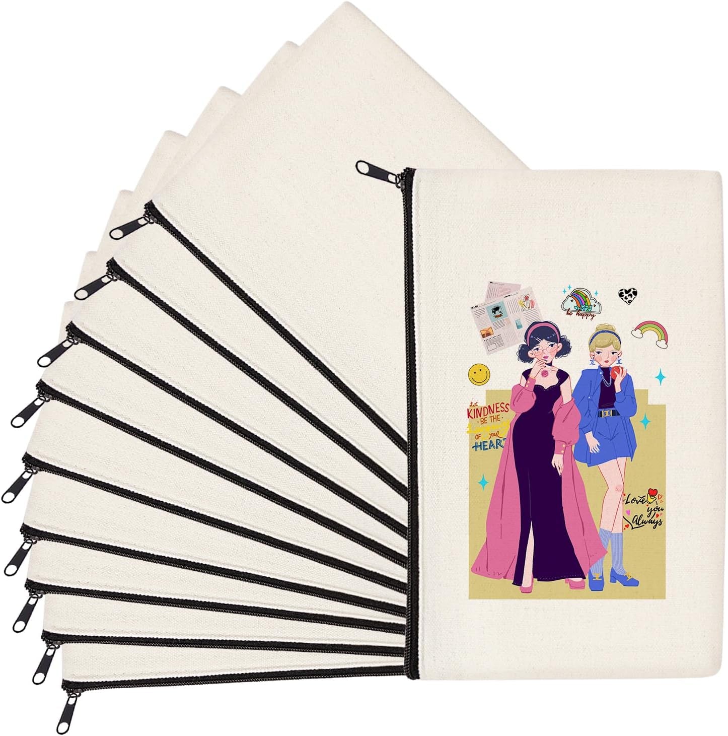 Blank Canvas Makeup Bags 10 Pack, Sublimation Blanks Cosmetic Bags, DIY Heat Transfer Canvas Pen Case Pencil Bags, Beige Multi-Purpose Travel Toiletry Zipper Bags (10Pcs 8.3 × 5 Inch)