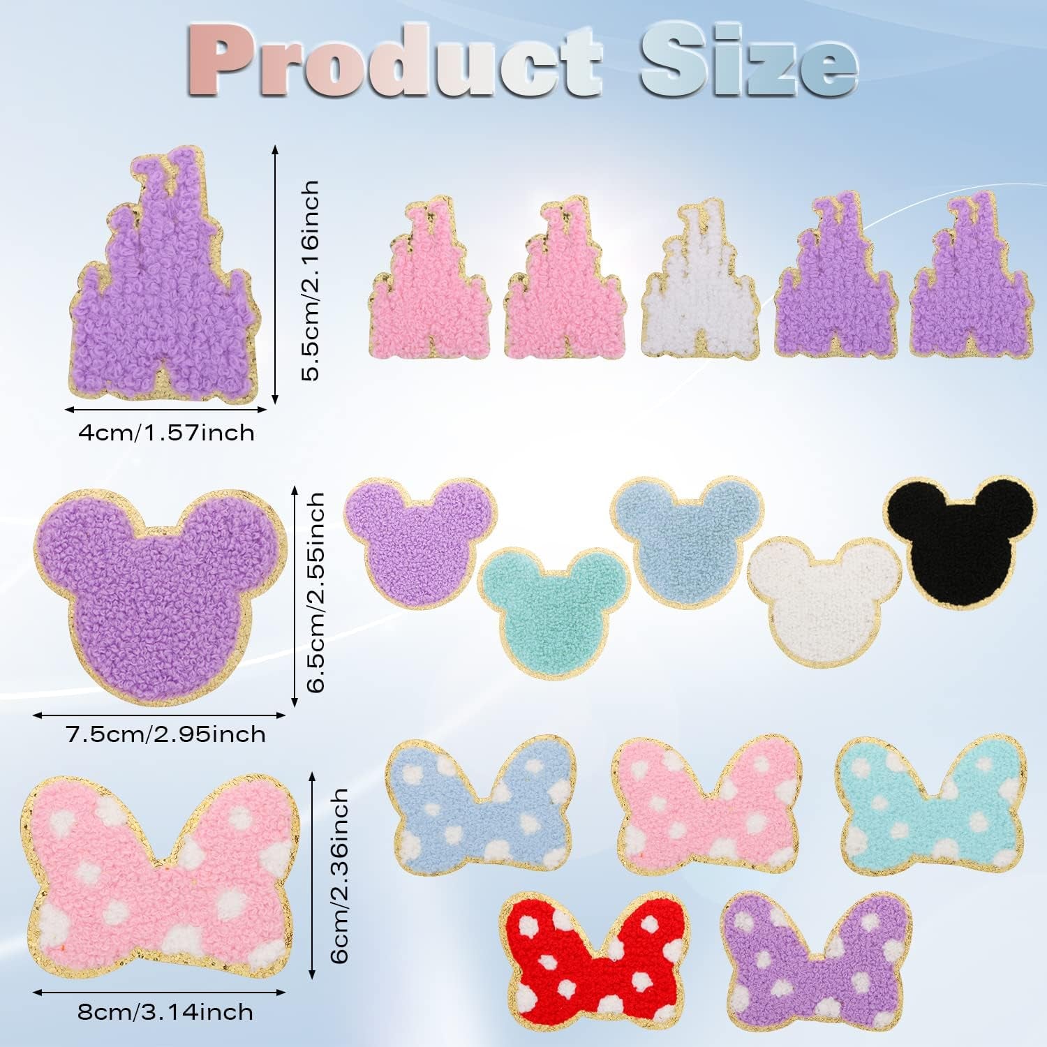 18PCS Colorful Bowknot Mouse Chenille Iron on Patches,  Cute Bow Mouse Head Embroidered Patches Set Sew on Embroidered Applique Patches Gold Trim Iron on Patches for Clothing DIY