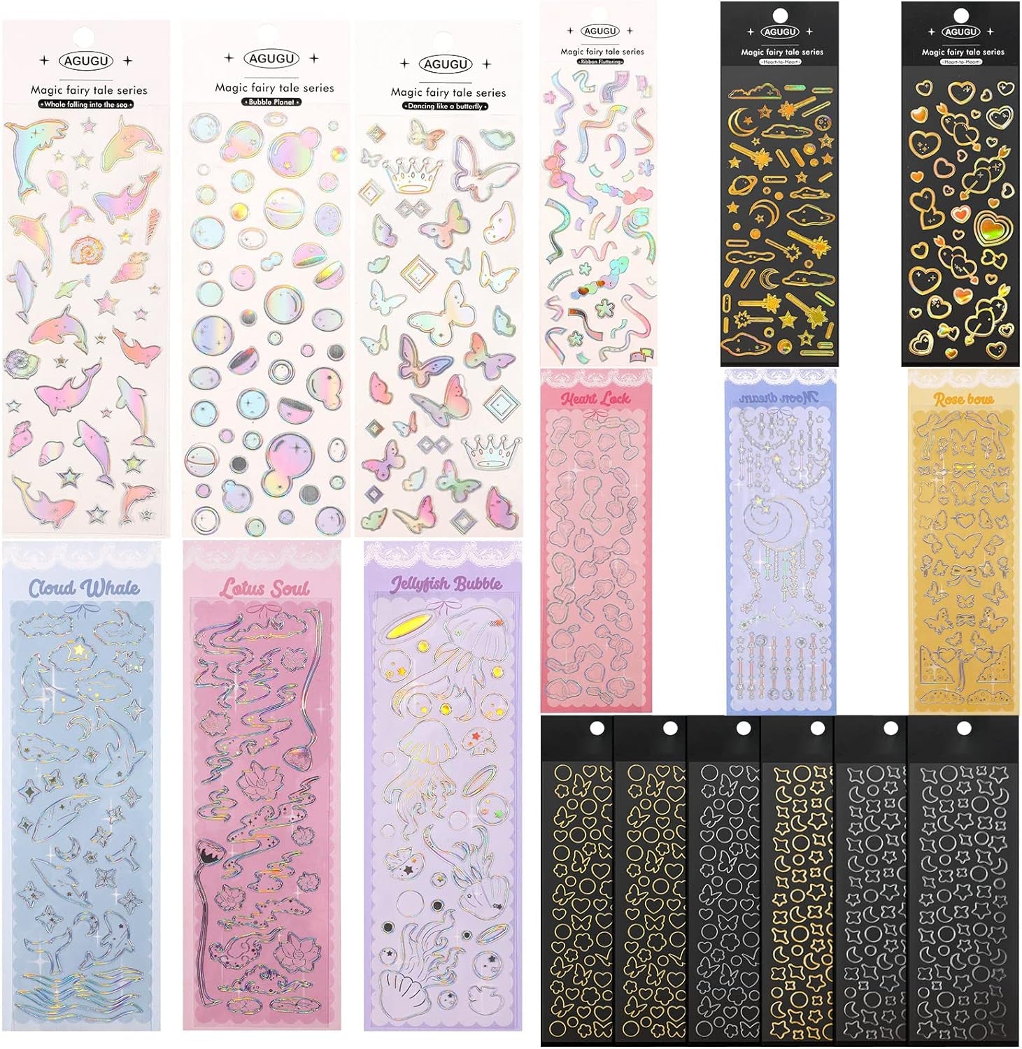 18 Sheets Scrapbook Kpop Stickers Adhesive Decor Shinny Korean Stickers for Photocards Butterfly Star Moon Waterproof Cute Stickers for Scrapbooking Planner Diary Decoration (Gold, Silver, Heart)