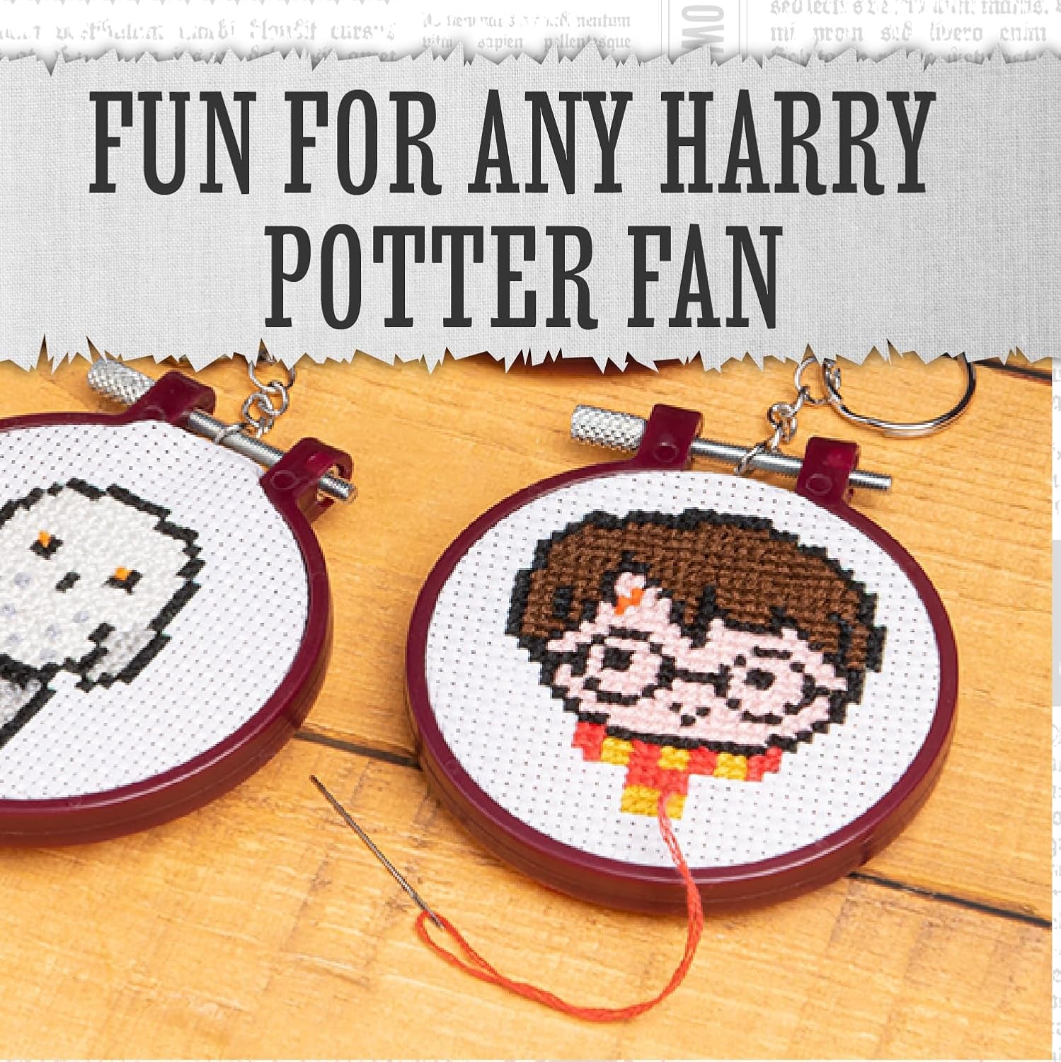 Harry Potter Stamped Cross Stitch 4 Pack, Embroidery Starter Kit for Beginners, Four Patterns, Fun & Easy Backpack Charms Craft Activity for Fans