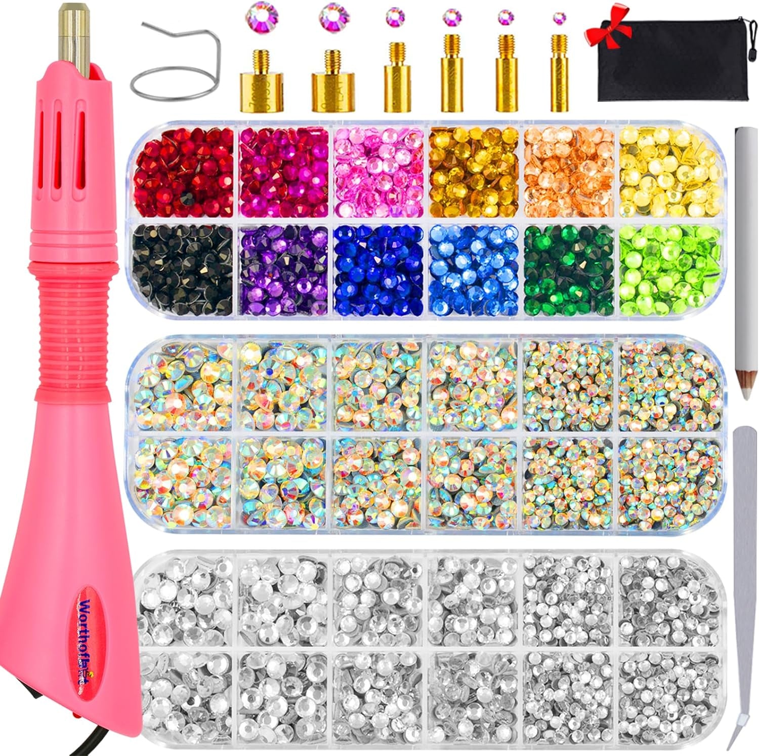 Hotfix Rhinestone Setter, Hot Fix Applicator Tool Bedazzler Kit with Rhinestones, Kit, Hot Fixed Wand for Clothes Clothing Fabric Crafts, 5000 Pcs, AB Crystal, Clear, 3 Gems Sizes, Tips