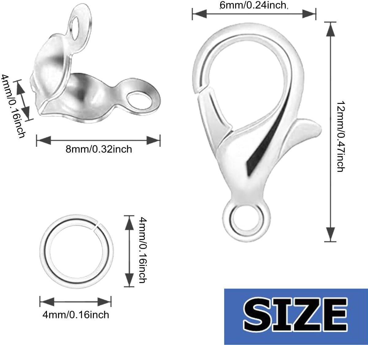 1000PCS Jewelry Making Accessories Set, 100 Lobster Claw Clasps 300 Crimp Beads Crimp Beads Clasps Caps 600 Open Jump Ring Connectors for DIY Bracelet Necklace Crafts Jewelry Making(Silver)