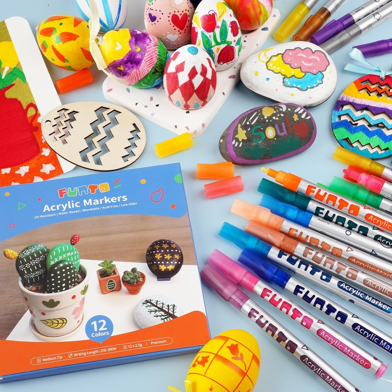 Acrylic Paint Pens for Rock Painting, Fabric, Wood, Canvas, Metal, Ceramic, Glass, 12 Colors Paint Marker Set, Non-Toxic, Quick Drying