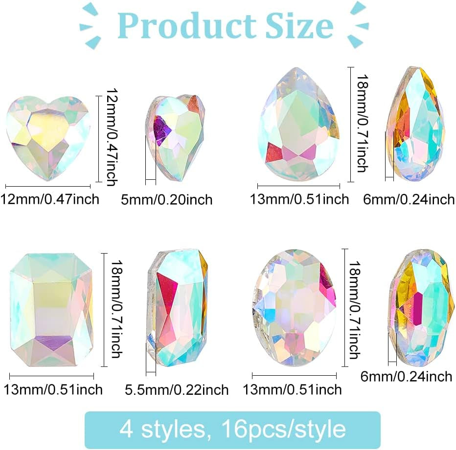 64 Pcs 4 Shapes Pointed Back Rhinestone Glass Rhinestones Gems AB Color Rectangle/Teardrop/Heart/Oval Jewels Embelishments with Silver Plated Back Crystals Rhinestones for Jewelry Making
