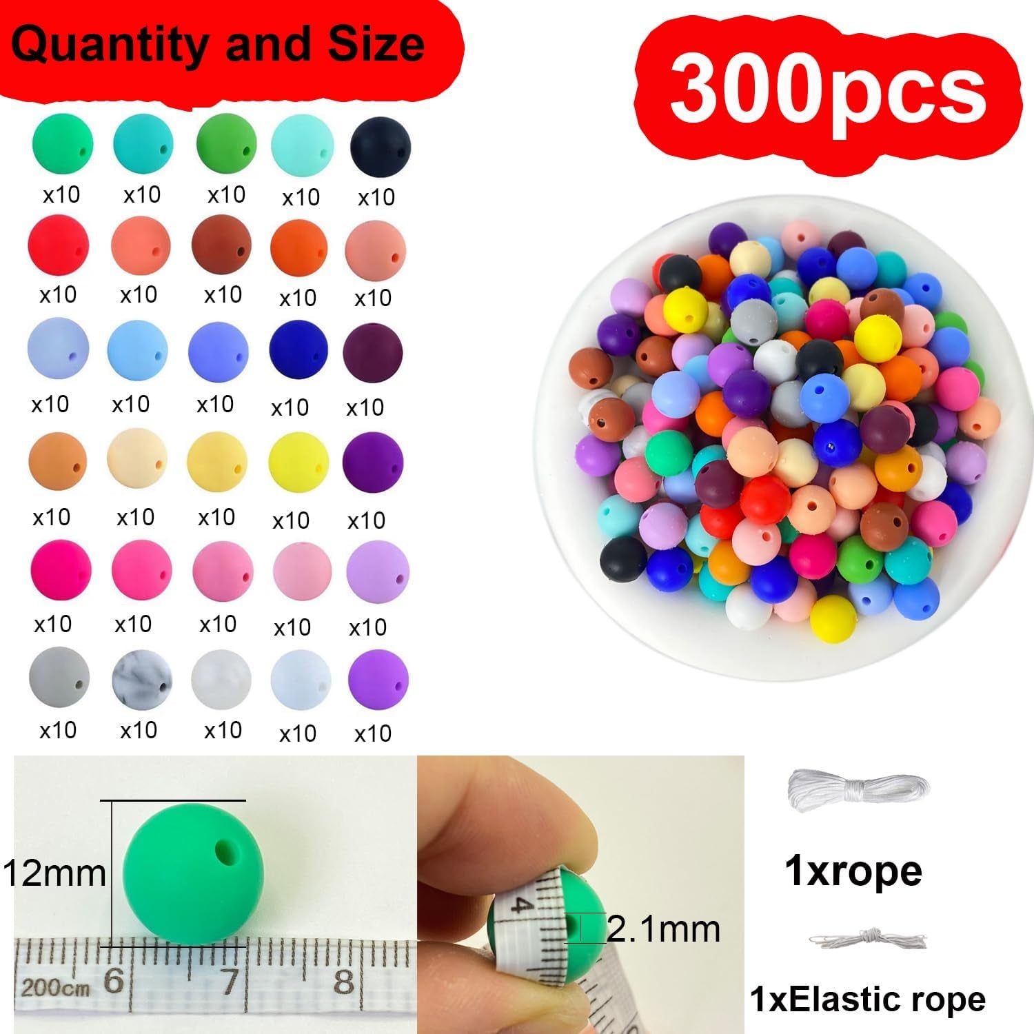 300Pcs Silicone Beads, 12Mm round Silicone Beads Bulk for Keychain Making Kit 30 Colors Rubber Beads Silicone Focal Beads Loose Beads for Necklace Bracelet Lanyard Making