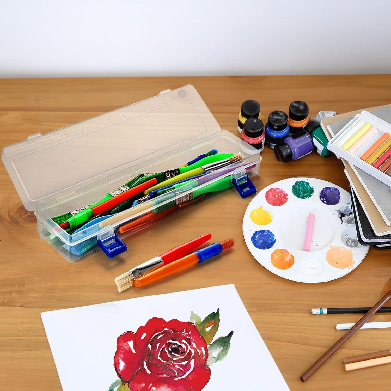 8 Pack Plastic Paint Brush Holder, 13" Long Translucent Watercolor Pens Pencils Case with Buckle Design, Paintbrush Drawing Tools Storage Box Container with Hinged Lid for Artist Art Craft
