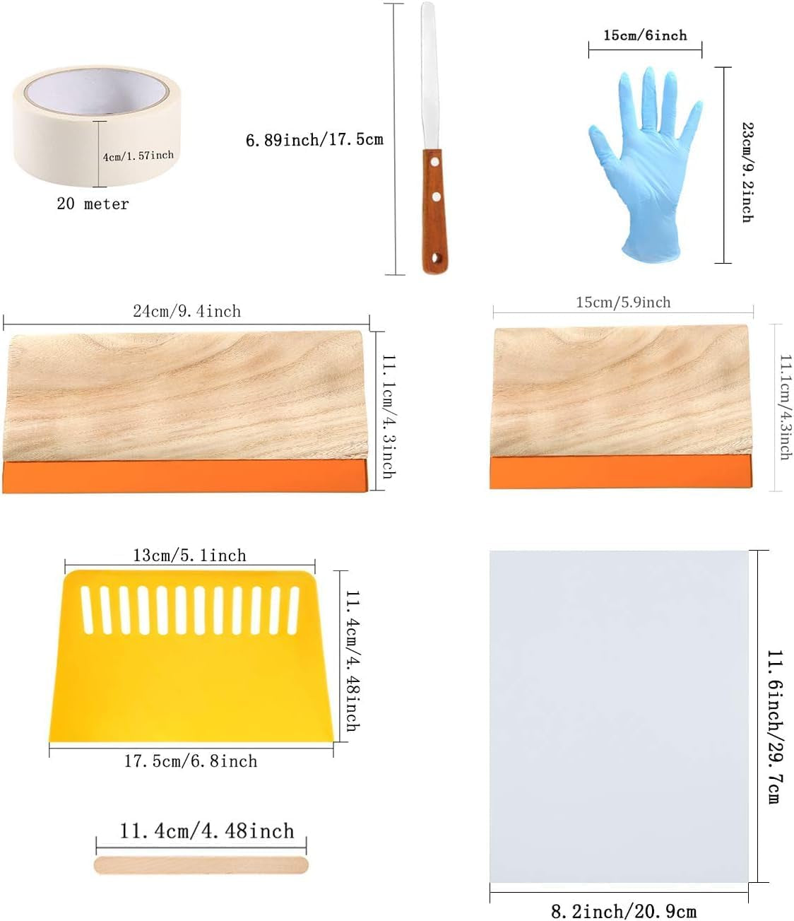 31 Pieces Screen Printing Starter Kit Include 4 Different Size of Wood Silk Screen Printing Frame with 110 Mesh, Squeegees, Inkjet Transparency Film, Ink Knife, Gloves and Mask Tape