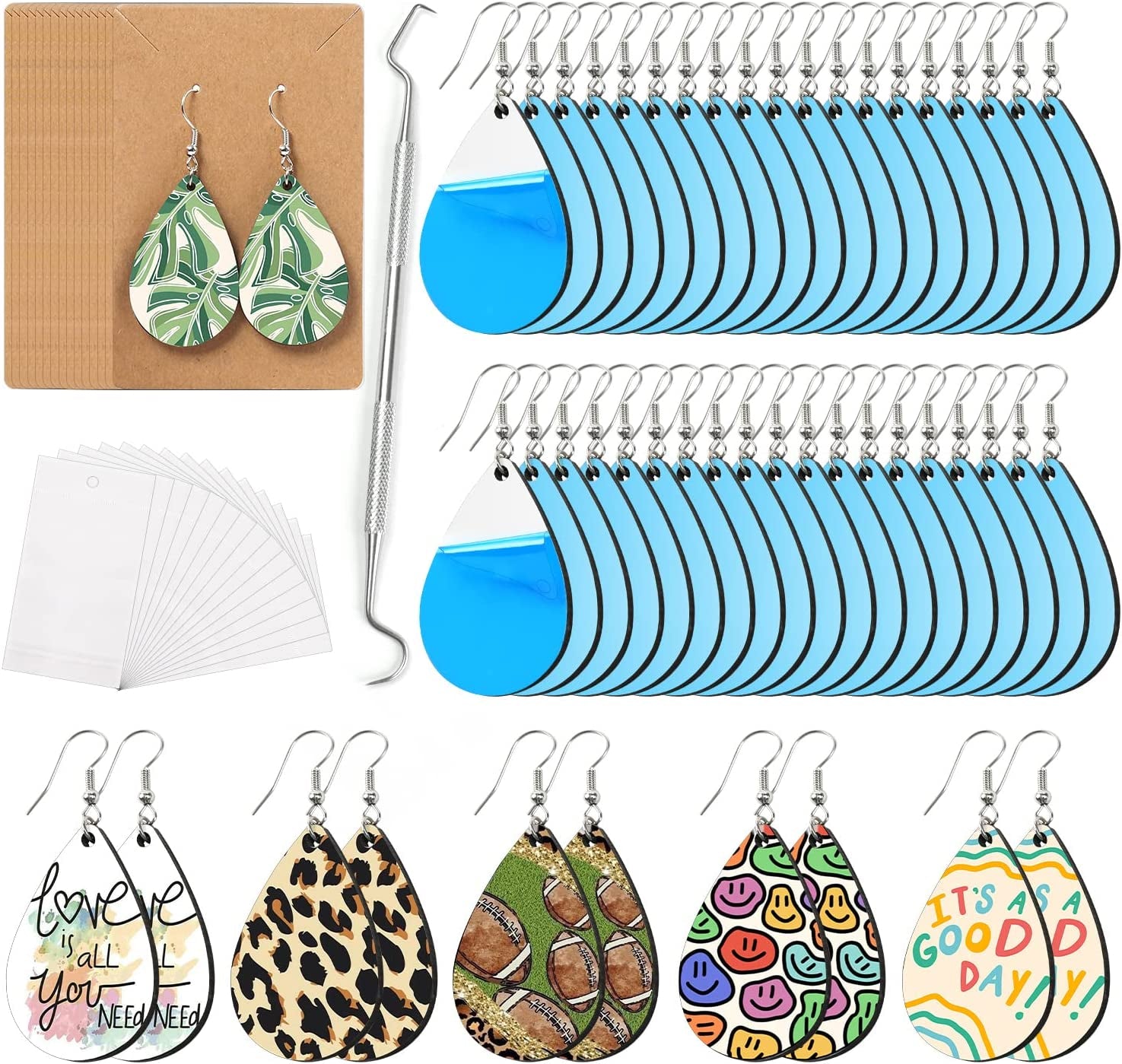Sublimation Earring Blanks Bulk - 30 Pcs Wood Earrings Blanks with Blue Protective Film - Unfinished MDF Teardrop Earrings for Sublimation Printing with Template, Weeder, Hooks, Jump Rings