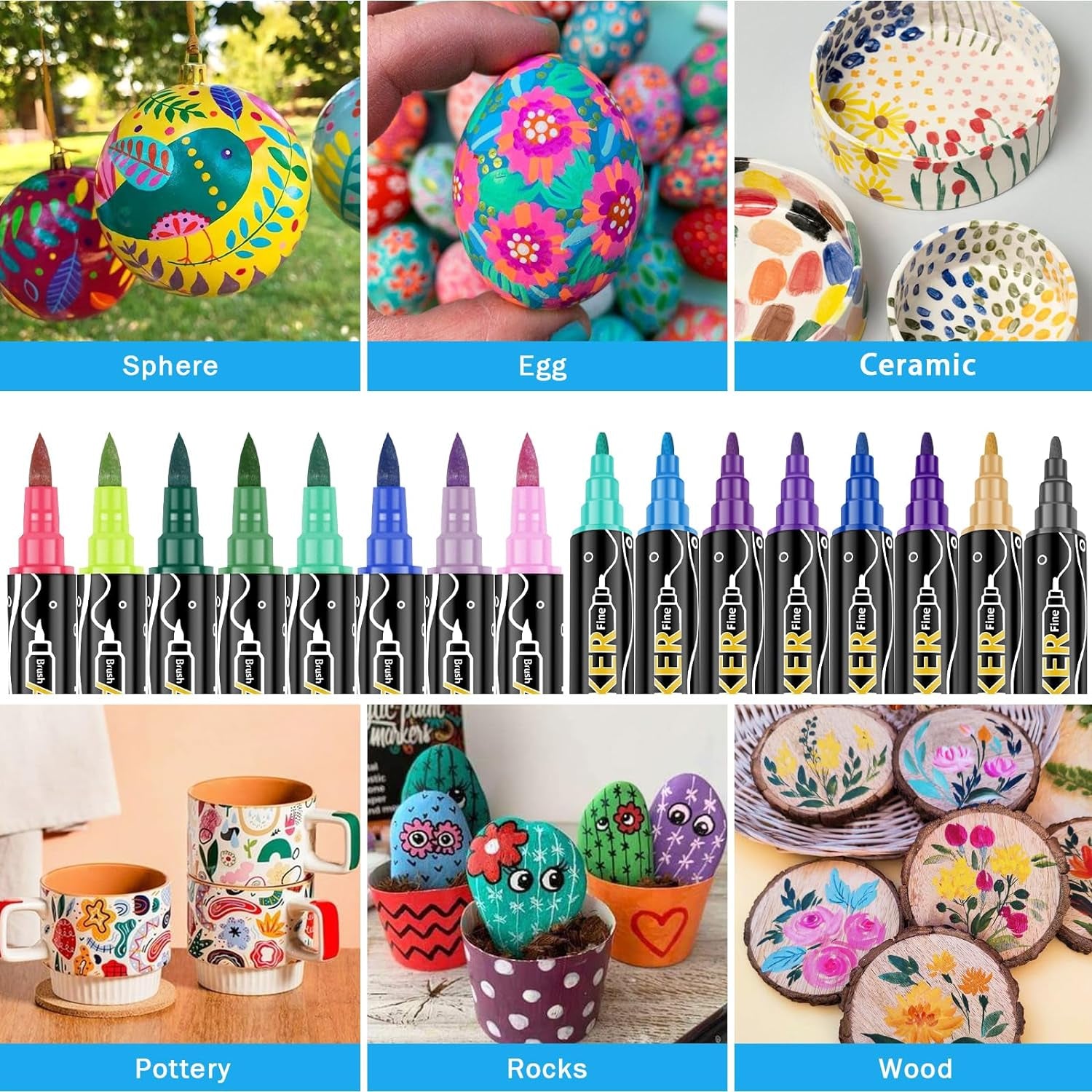 Dual Tip Acrylic Paint Markers,48 Colors Dual Tip Acrylic Paint Pens Paint Markers,Includes 10 Metallic Brush Tip Fine Tip Paint Markers for Rock Painting,Plastic,Canvas and Diy Crafts Art Supplies