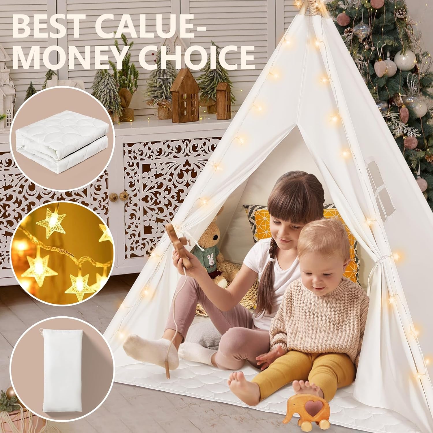 Teepee Tent for Kids with Carry Case, Natural Canvas Teepee Play Tent, Toys for Girls/Boys Indoor &amp; Outdoor Playing (White Teepee Tent)