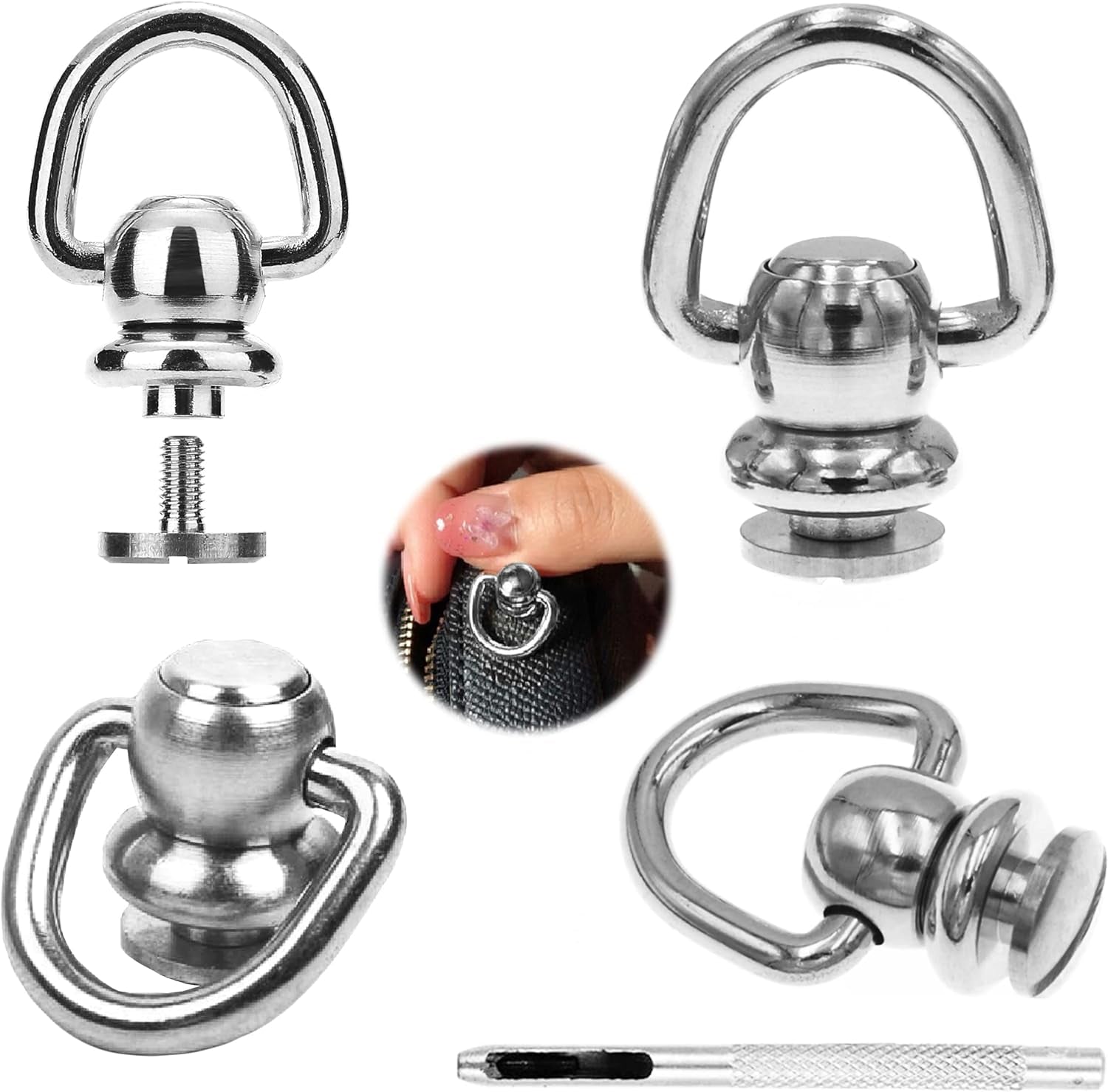 4Pcs Brass Ball Studs Rivets D Ring for Leather Crossbody Purse Craft