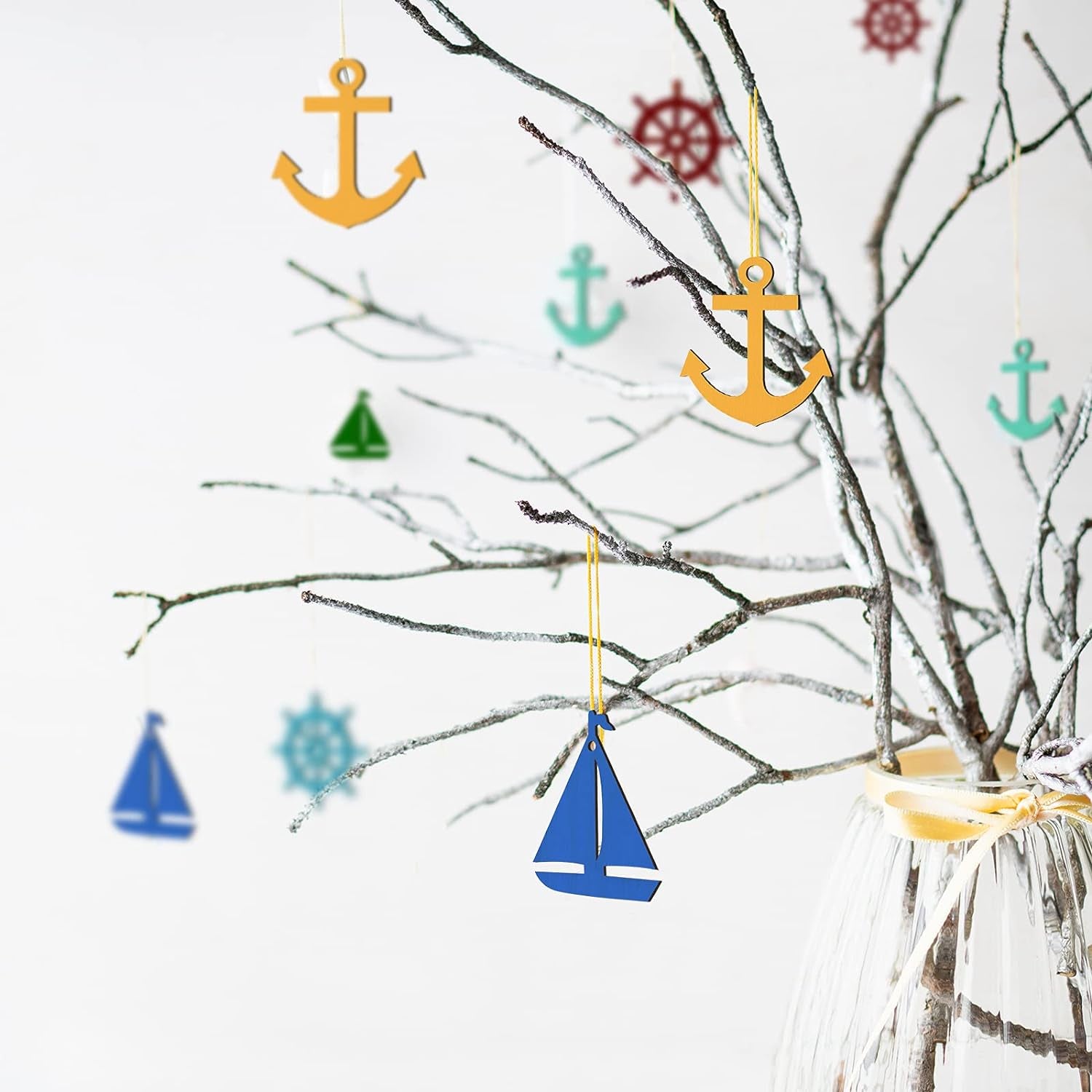 Wooden Anchor for Crafts Unfinished Sailboat Wheel Cutouts Nautical Party Classroom Decor with Rope DIY Paint Crafts for Kid Hanging Ornaments for Cruise Bachelorette Party Home, 3 Styles(60 Pieces)