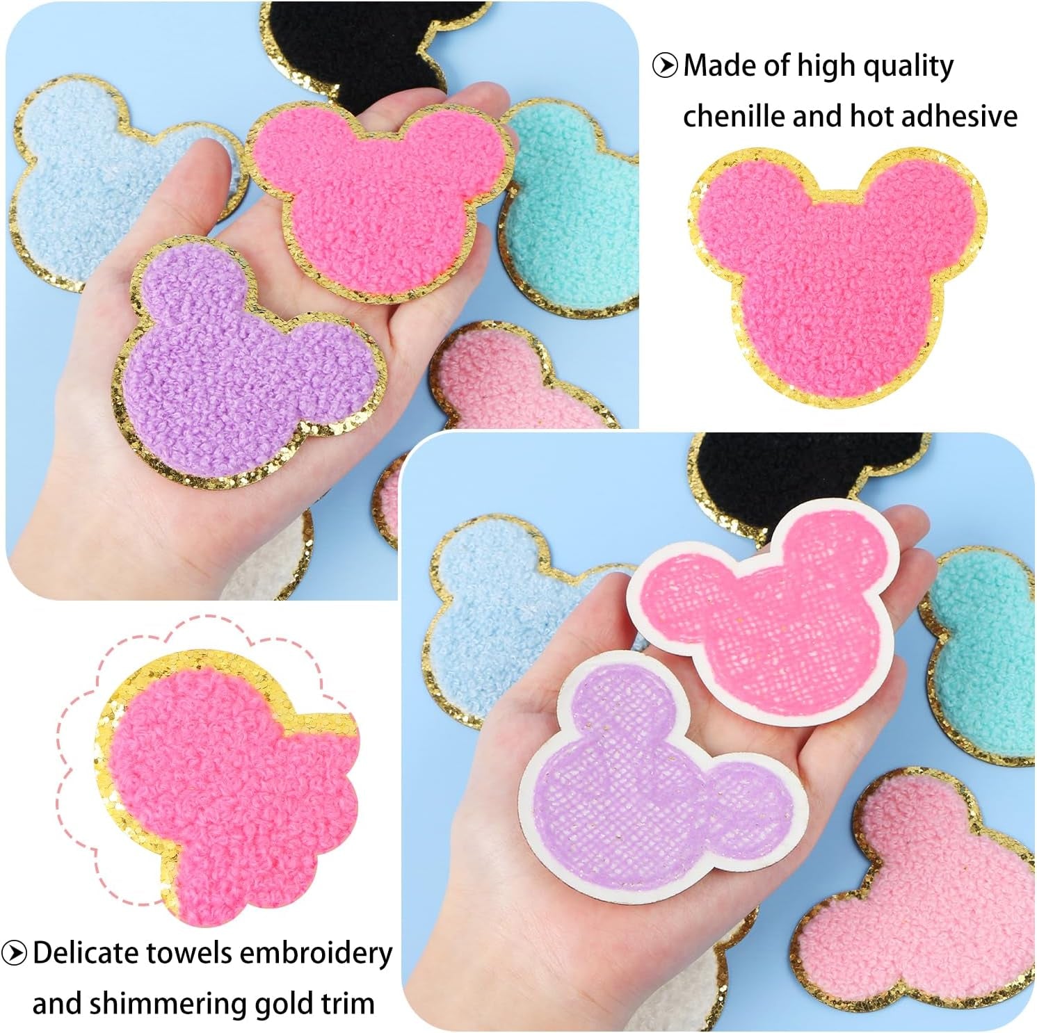 14 Pcs Chenille Mouse Patches,  Iron on Mouse Head Patches Cute Chenille Embroidered Applique Patch for Clothing Sew on Glitter Gold Trimmed Mouse Decorative Patch for DIY Decors