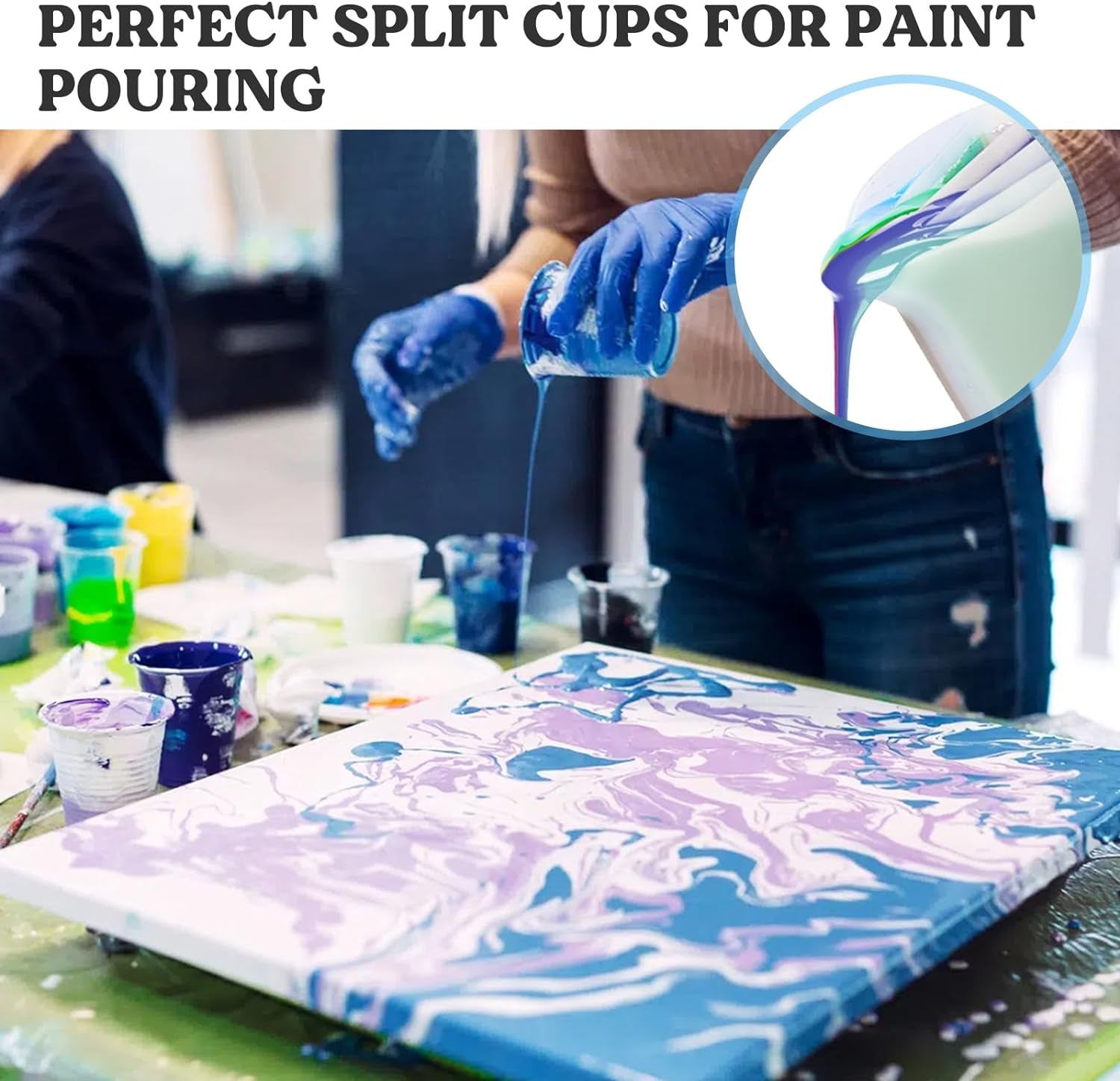 17OZ/500ML Split Cup with Handle, Thicken & Easy Clean Split Cups for Paint Pouring with 5 Channels, Silicone Reusable Fluid Art Split Cups for Acrylic Paint, Resin Molds, Epoxy Resin Art