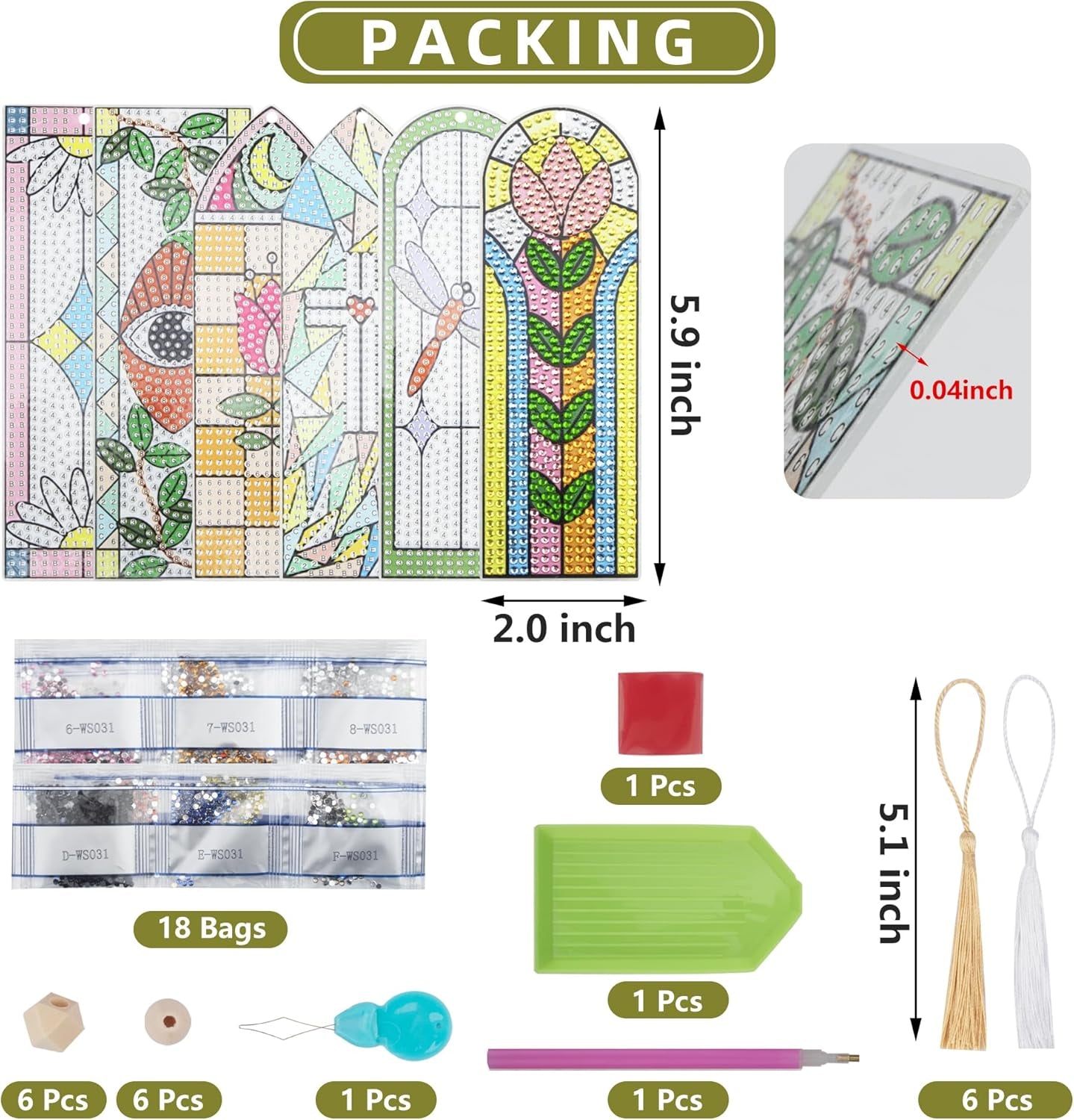 6 PCS 5D Diamond Painting Bookmarks Stained Glass Acrylic Diamond Art Bookmark with DIY Painting Kits Tassels &amp; Wood Beads Pendant Rhinestone Bookmarks