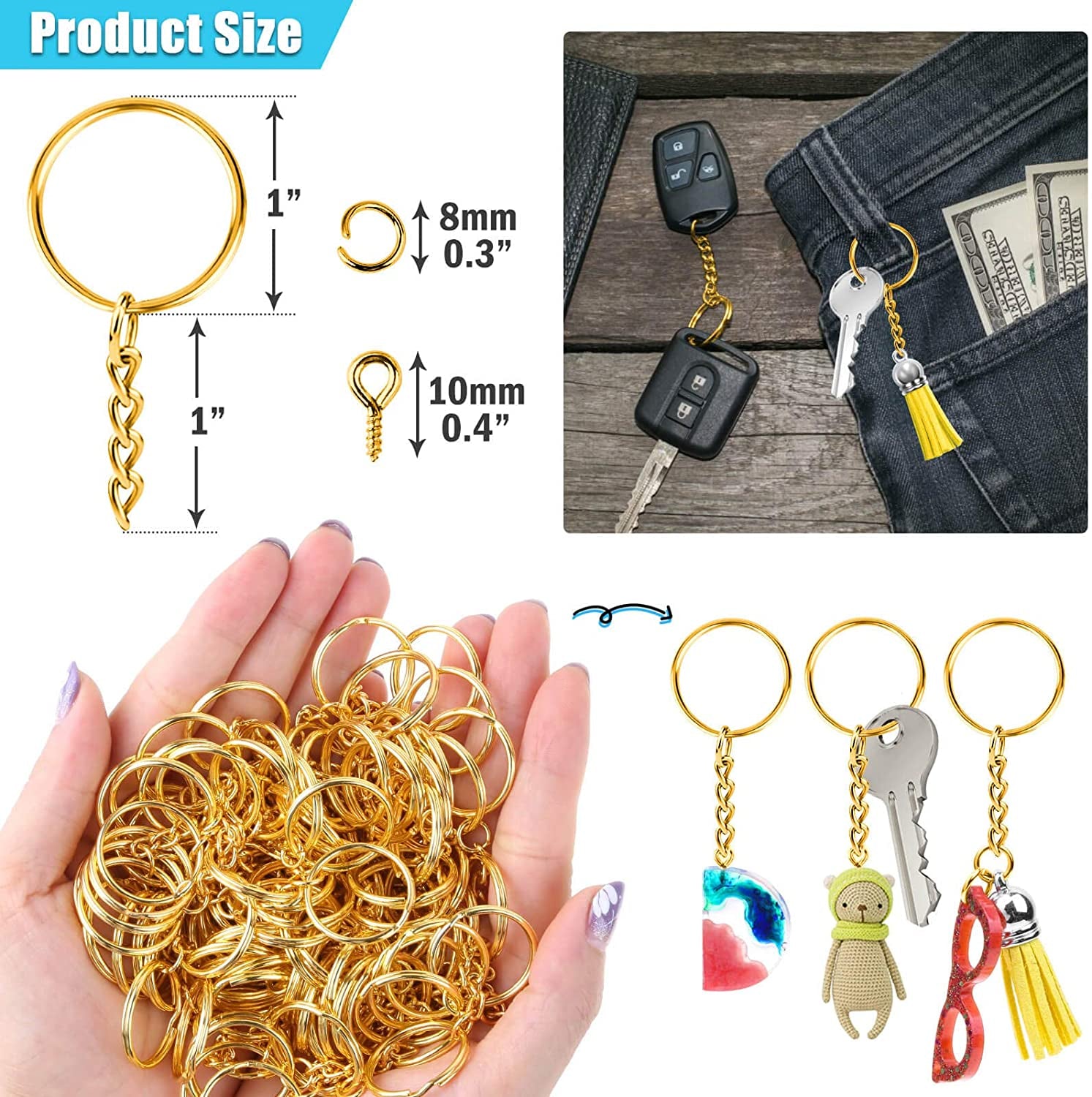 Keychain Rings Kit for Crafts Gold,  Includes 100Pcs Split Key Ring with Chain, 100Pcs Jump Rings and 100Pcs Screw Eye Pins for Resin Keychain Making