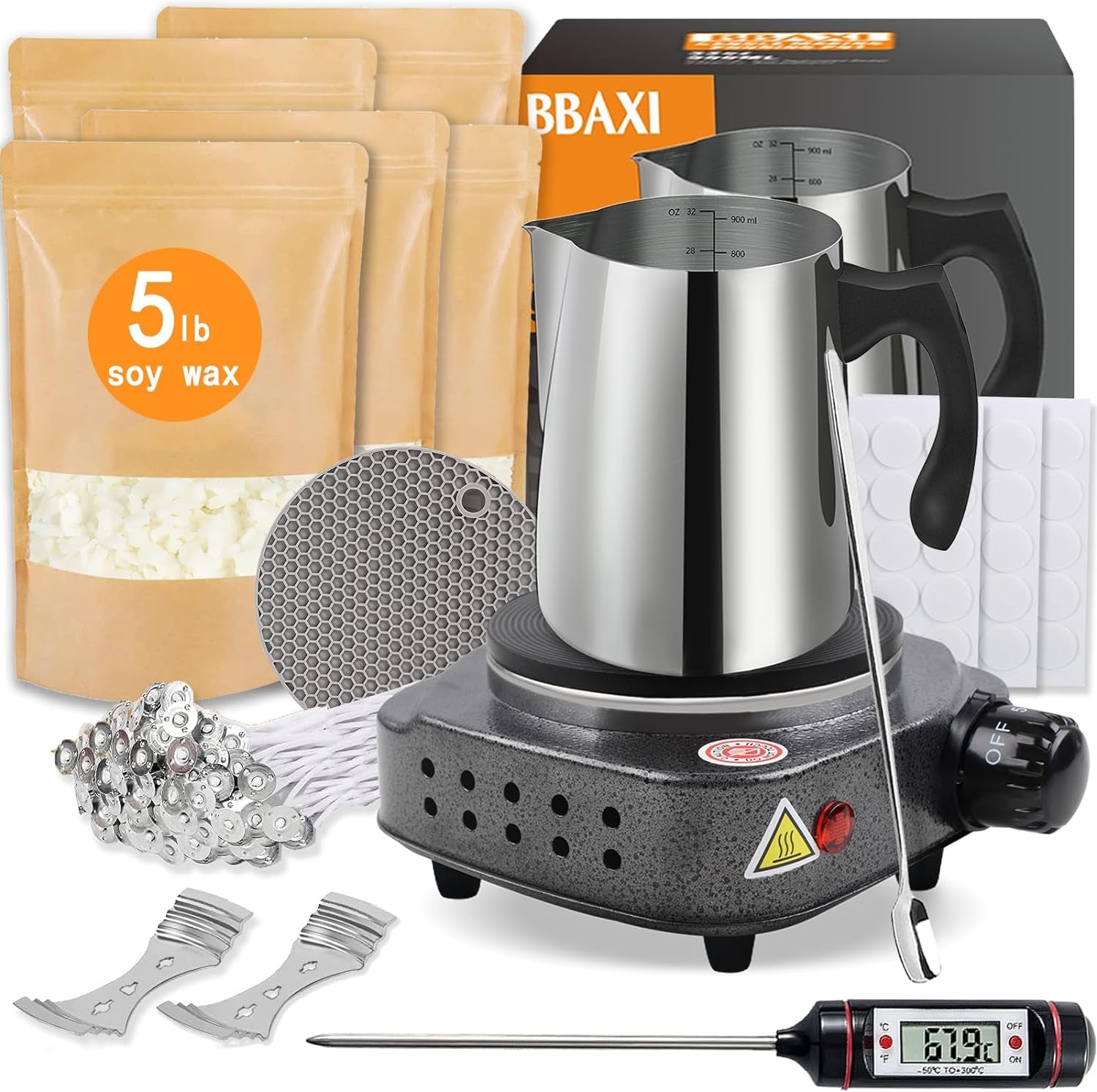 Candle Making Kit with Electronic Hot Plate,Candle Wax Melter for Melting Wax,Including Cadle Pot, Wax Melter Hot Plate,2Lb Soy Wax,Stain Spoon,Cotton Wicks,Center Devices,Wick,Thermometer.