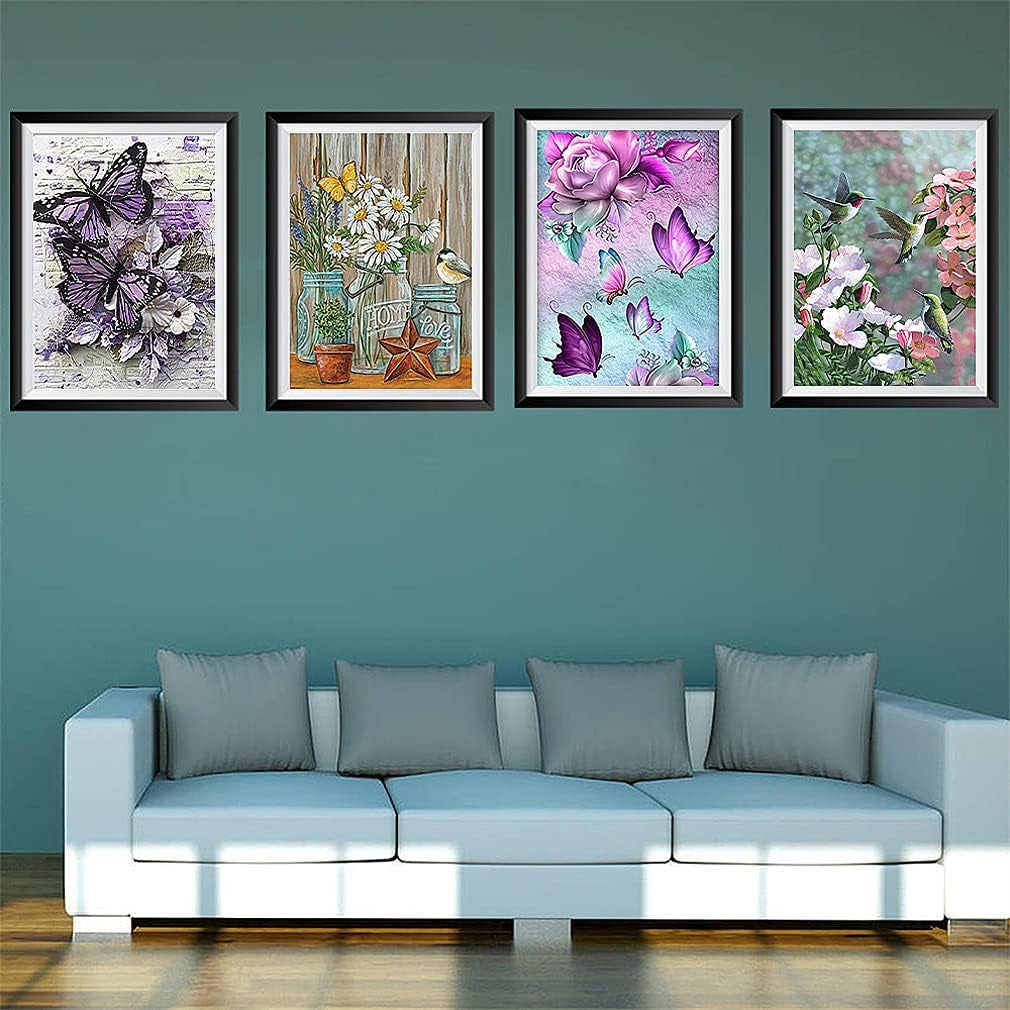6 Pack Diamond Painting Kits - 5D Diamond Art Kits Full Drill Diamond Painting Kits for Adults Kids Beginners, DIY Butterfly Hummingbird Flowers Diamond Painting Packs Home Wall Decor 11.8X15.7Inch