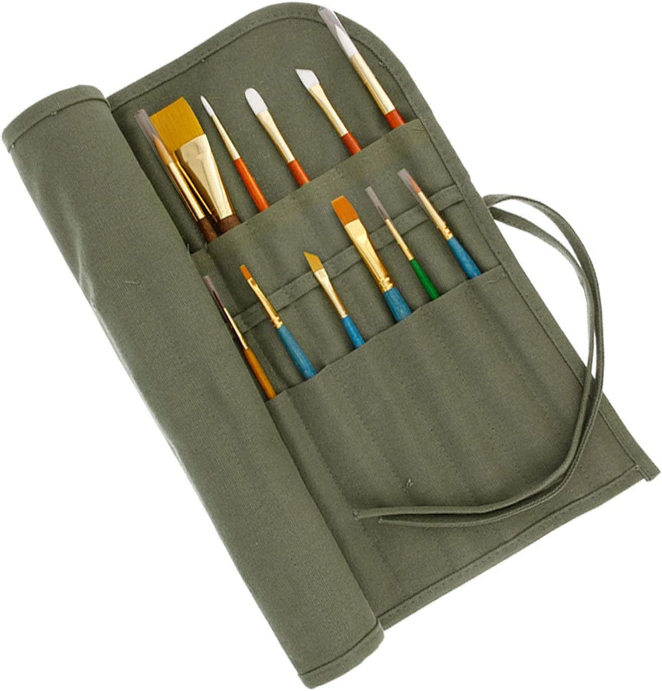 Deluxe Canvas Art Paint Brush Holder & Storage Organizer Roll-Up Case Bag - 24 Slot Pockets Carry Pouch - Protect Artist Acrylic Oil Watercolor Paintbrushes - Store Pencils, Pens Tools
