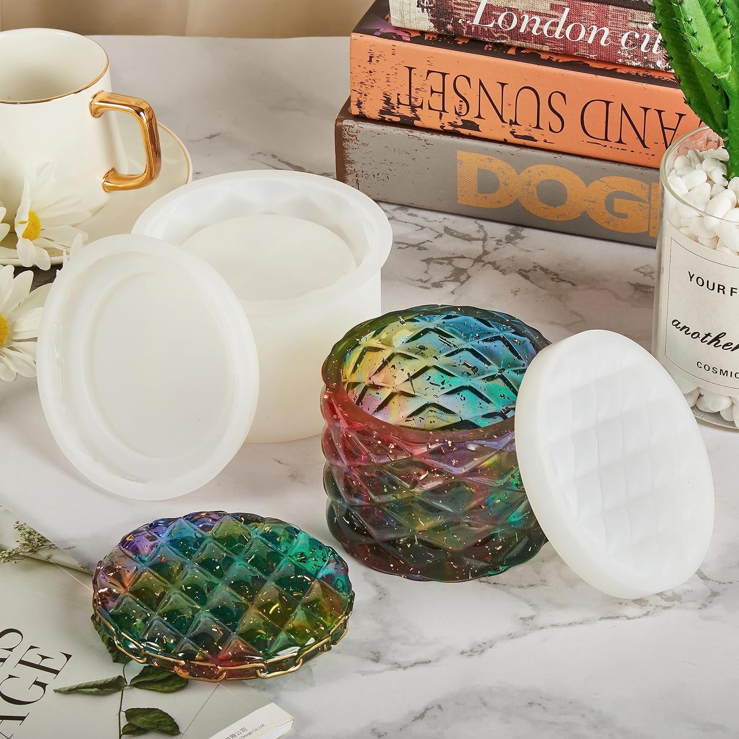 Jar Resin Molds Silicone, Large Diamond Jar Silicone Molds with 2Pcs Lid, Epoxy Jar Molds for Storage Box,Candy Jewelry Container,Home Decoration,Diy Resin Epoxy Casting Craft