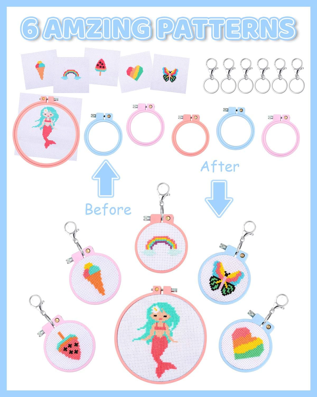 6 Pcs Cross Stitch Kits for Beginners for Kids 7-13, Kids Embroidery Kit Needlepoint Kit Arts and Crafts Kit with Instructions for Backpack Charms, Ornaments and Needle Craft