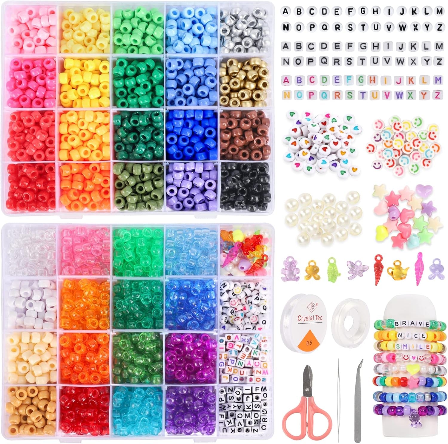 3510Pcs 36 Colors, Hair Pony Beads Bulk with Letter Bead, 9Mm Rainbow DIY Kandi Beads Kit for Jewelry Making Bracelets Pearl Transparent and Opaque Pendants