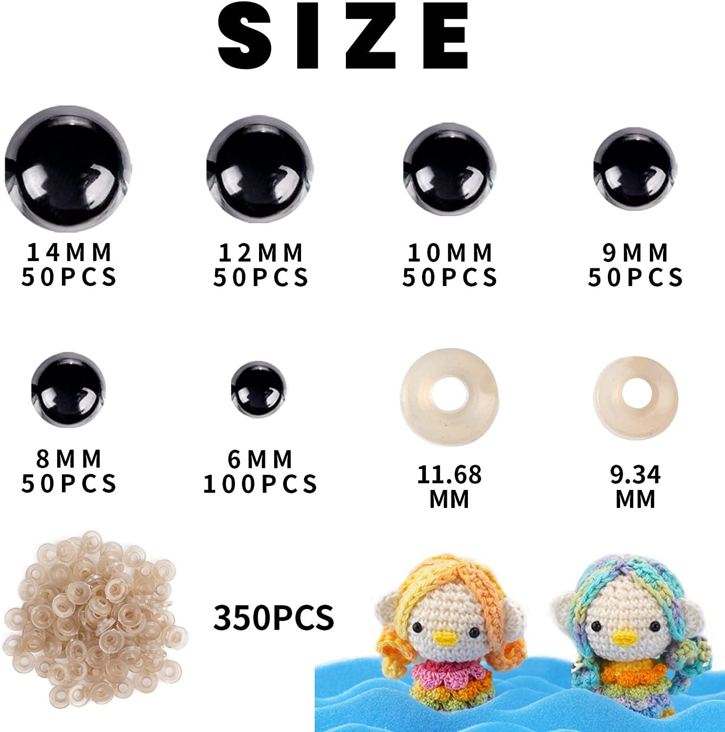 700 Pcs Black Plastic Crochet Safety Eyes with Washers for 6-14Mm Stuffed Animals and Amigurumi DIY Halloween Decorations
