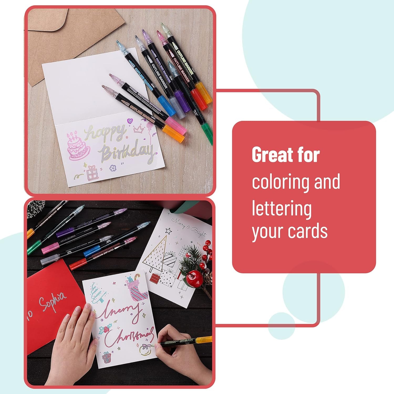- Double Line Outline Markers, 10 Colors, Shimmer Markers, Self-Outline Metallic Markers, Outline Pens, Craft Pens