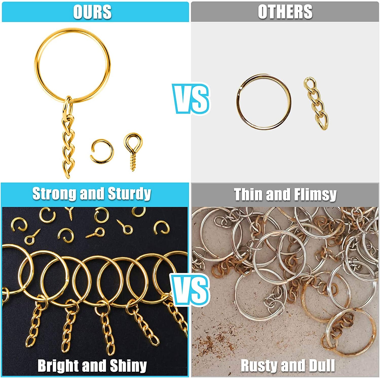 Keychain Rings Kit for Crafts Gold,  Includes 100Pcs Split Key Ring with Chain, 100Pcs Jump Rings and 100Pcs Screw Eye Pins for Resin Keychain Making