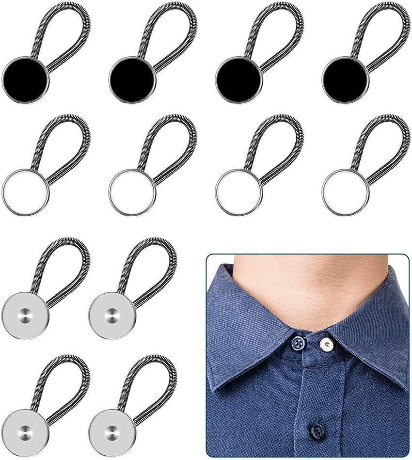 12Pcs, Collar Extenders, Comfy & Premium Invisible Neck Extender, Adds 1 in Instantly, Button Extenders for Mens Dress Shirts Suits Trouser, Coat, Shirts (Black, White, Silver)
