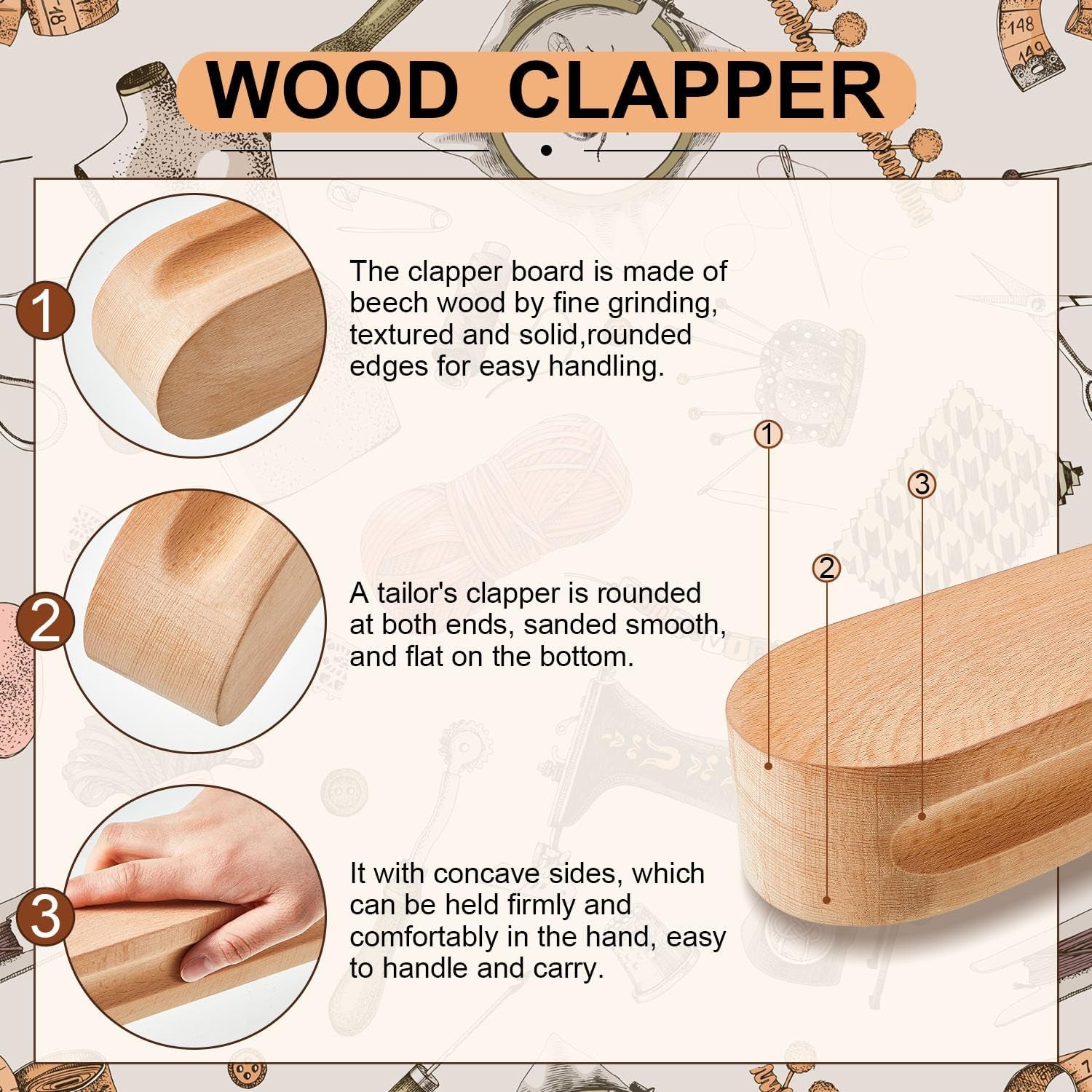 2 Pcs Beech Wood Tailors Clapper Wooden Clapper Sewing Tool Steam Iron Tailor Wooden Clapper for Sewing Quilting Ironing (7 Inch)