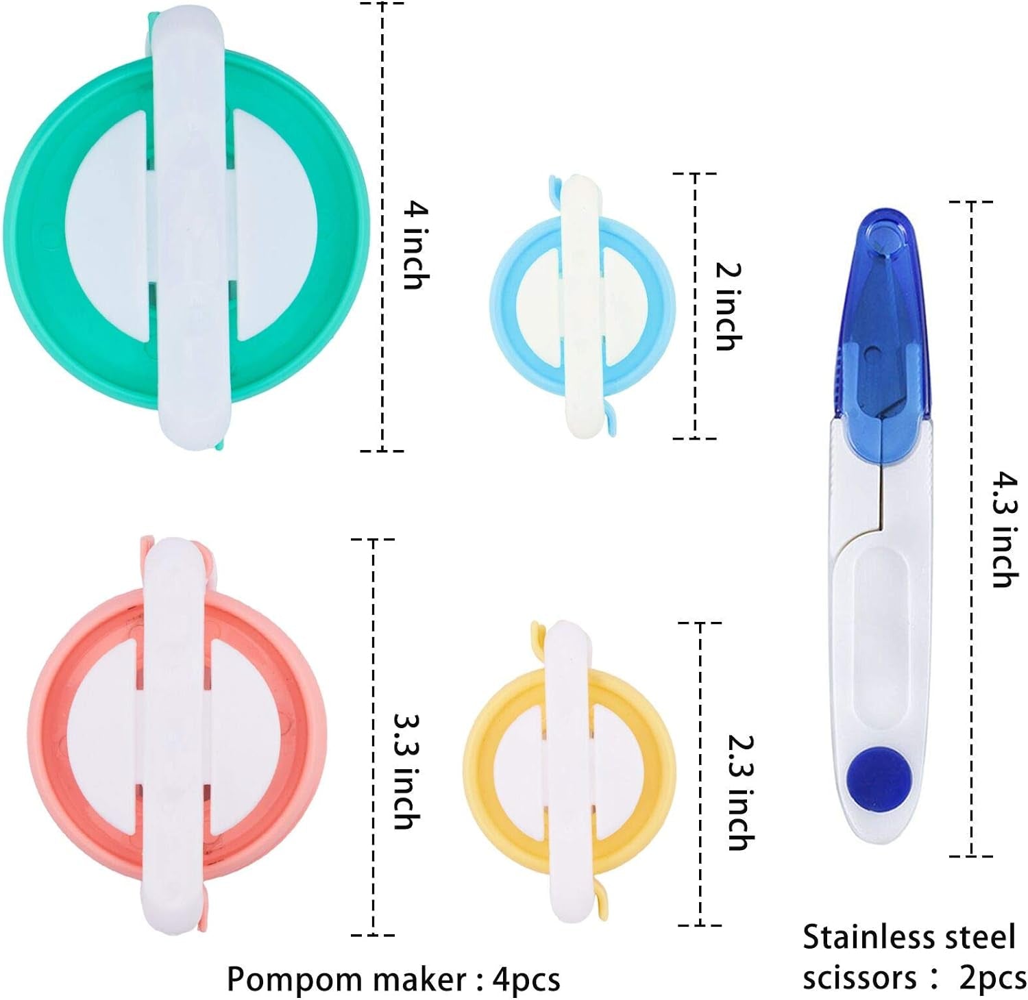 2 Set Pompom Makers of 6 Sizes,  50 PCS Pom Pom Kit Includes 8 PCS Pom Pom Maker, 2 PCS Thread Cutter Scissors, 40 PCS Plastic Needles for Fluff Ball Weave DIY Wool Yarn Knitting