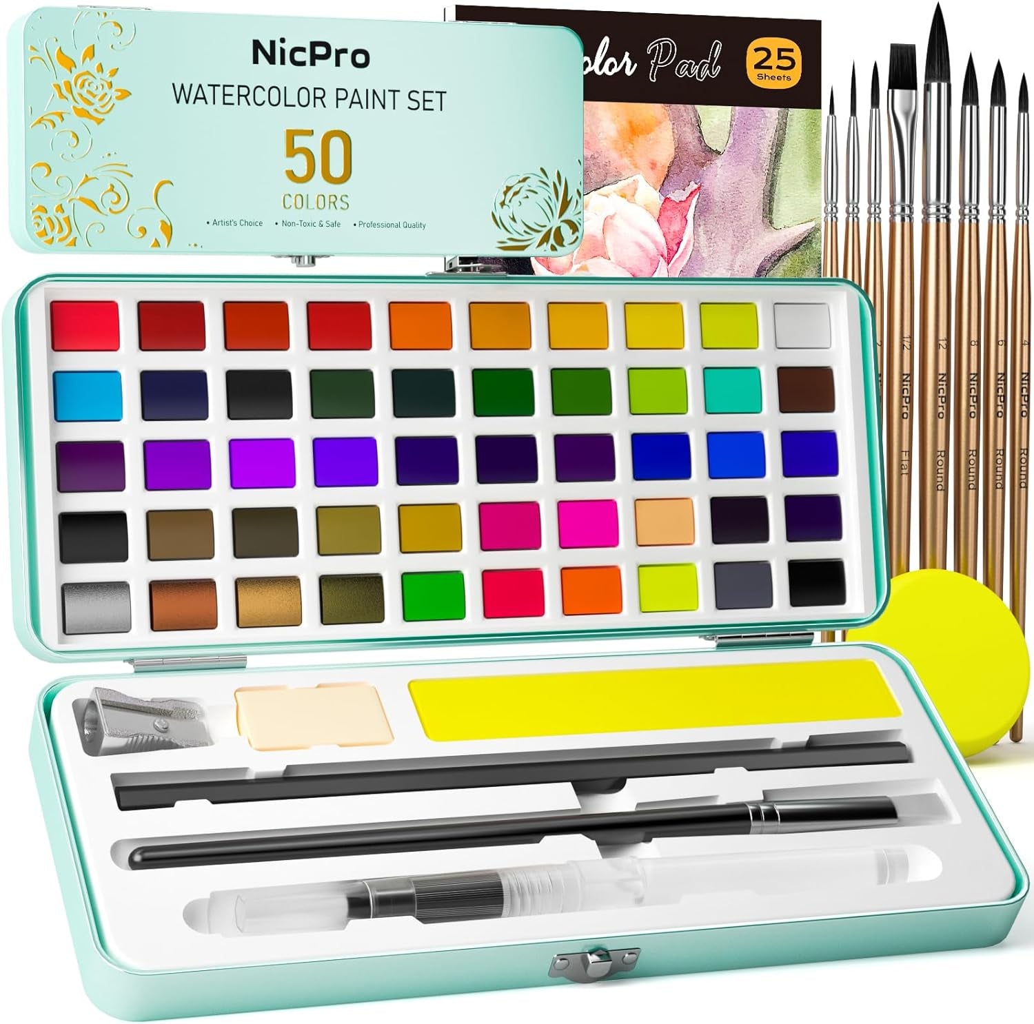 50 Colors Watercolor Paint Set, Including Metallic & Fluorescent Color, 8PCS Pastel Detail Painting Brush, Water Color Paper, Palette, Art Supplies Kit for Artist Adult Beginner with Gift Box