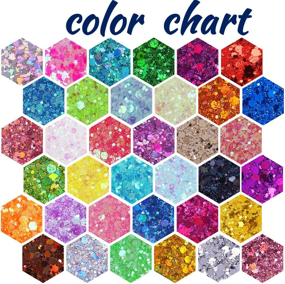 Holographic Chunky and Fine Glitter Mix, 36 Colors Chunky Sequins & Glitter Powder Mix, Iridescent Cosmetic Glitter Flakes for Nail Art Face Body Eye Makeup, Craft Glitter for Epoxy Resin Tumblers