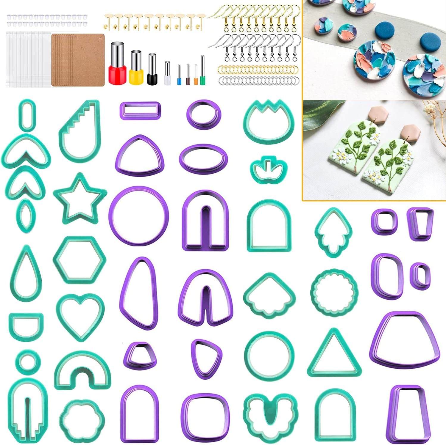 Polymer Clay Cutters for Earring Making - 160Pcs Clay Tools Set with Earrings Accessories, 42+8Pcs Different Shape Plastic Clay Molds Clay Cutters for Polymer Clay Jewelry (Style B-Blue)