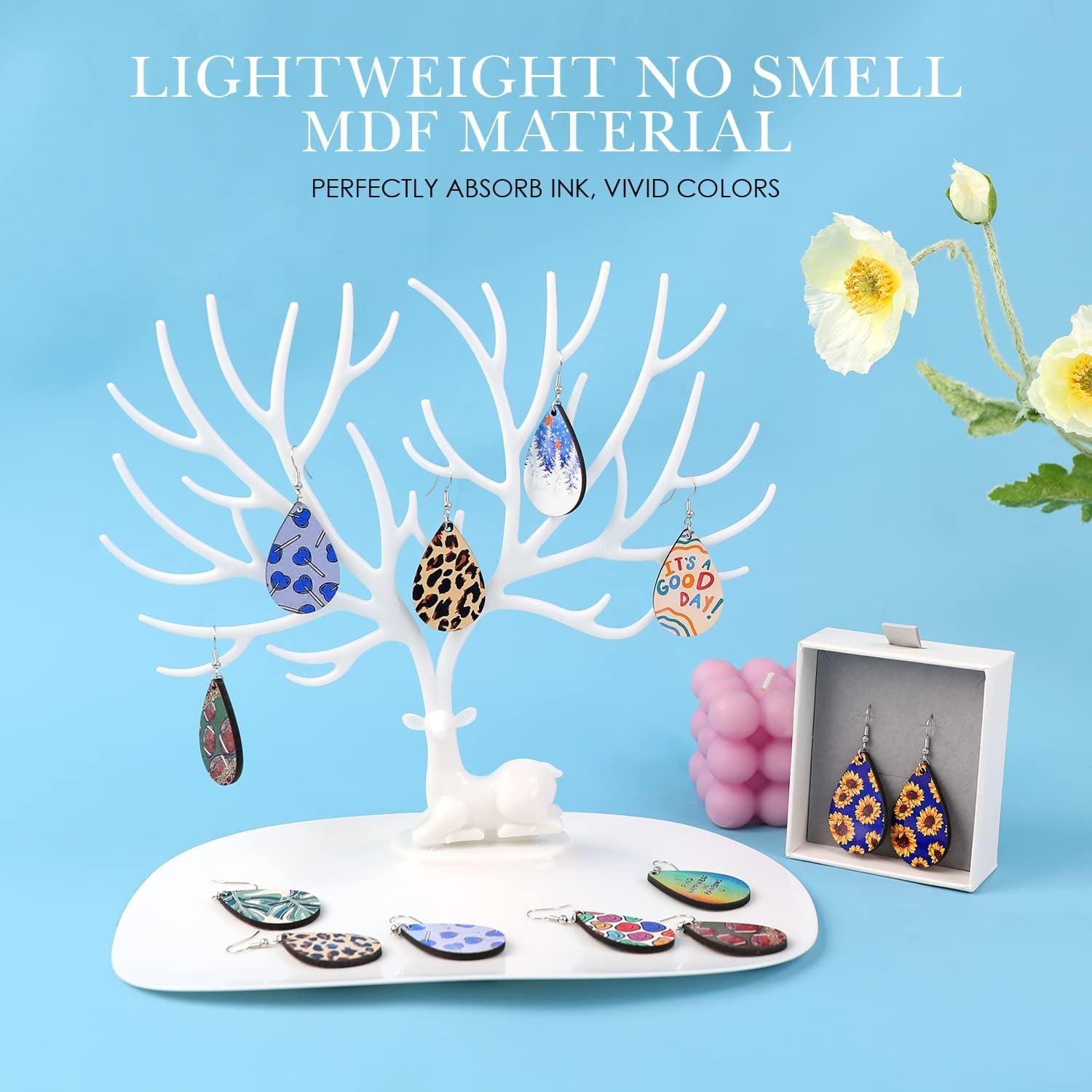 Sublimation Earring Blanks Bulk - 30 Pcs Wood Earrings Blanks with Blue Protective Film - Unfinished MDF Teardrop Earrings for Sublimation Printing with Template, Weeder, Hooks, Jump Rings