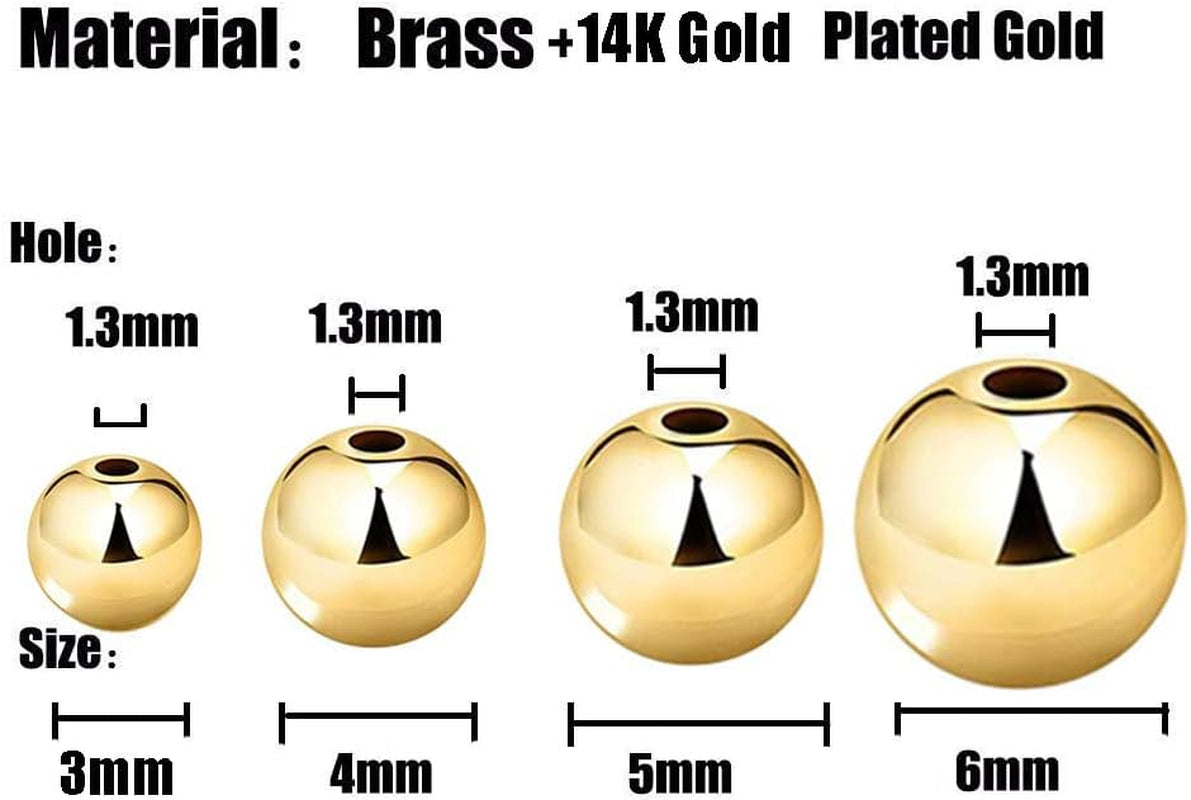 200 Pcs Mix 14K Gold Plated Beads Smooth Little round Spacer Beads Brass Long-Lasting Tarnish Resistant Seamless Loose Beads for DIY Bracelet Jewelry Making (3/4/5/6Mm-Gold)
