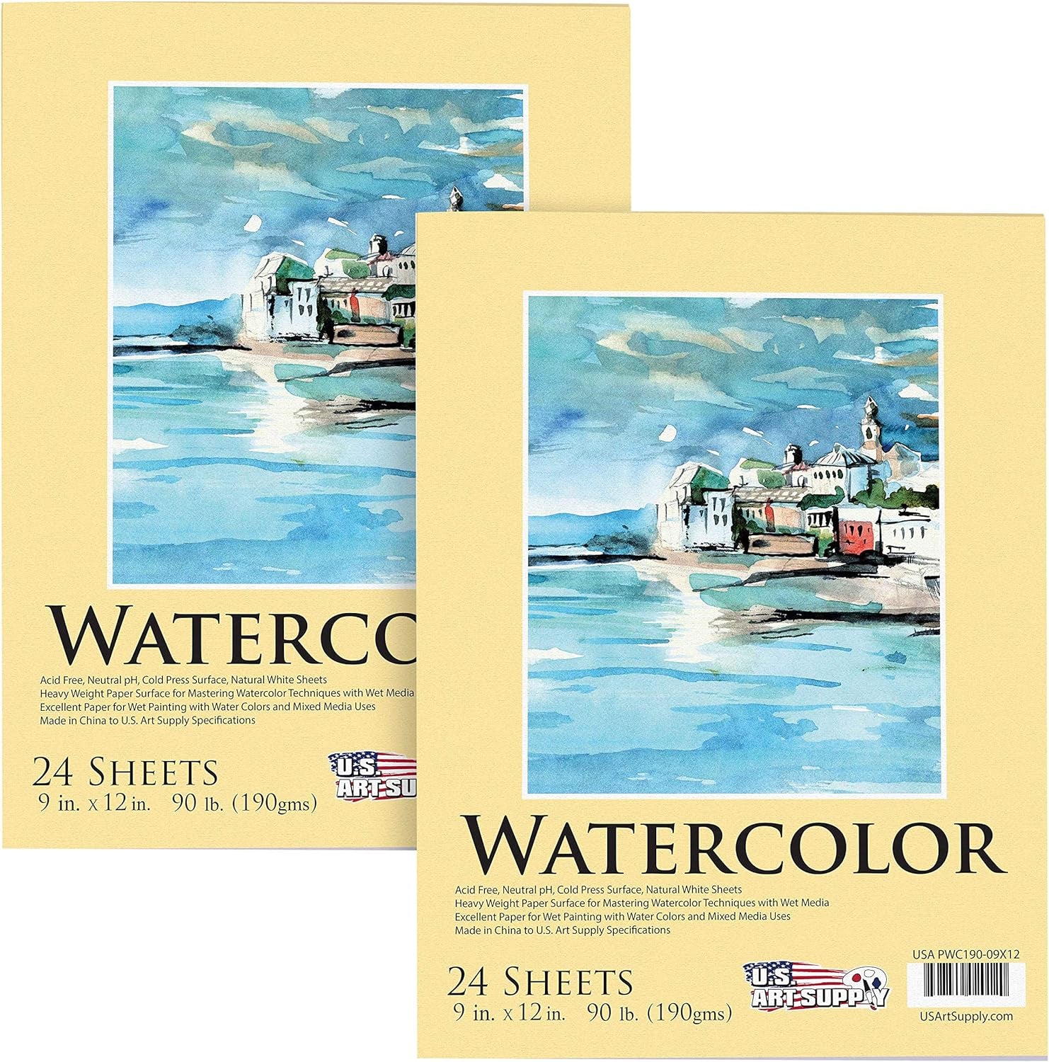 9" X 12" Premium Heavyweight Watercolor Painting Paper Pad, Pack of 2, 24 Sheets Each, 90 Pound (190Gsm) - Cold Pressed, Acid-Free, Wet, Dry &amp; Mixed Media - Artists, Students, Adults