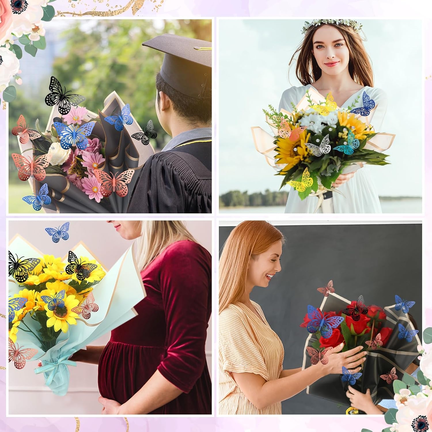 243 Pcs Flower Bouquet Wrapping Paper Waterproof Floral Wrapping Paper Florist Supplies with Butterfly Decoration Crowns Ribbons Bouquet Pin Glue for DIY Craft (Elegant Color)