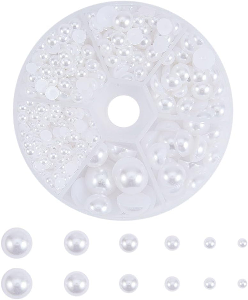 690Pcs Half round Pearl Beads 6 Sizes Flat Back Pearl Cabochon Faux Pearl Beads for DIY Scrapbook Phone Case Wedding Decor Hair Accessory Nail Art, White, 4/5/6/8/10/12Mm