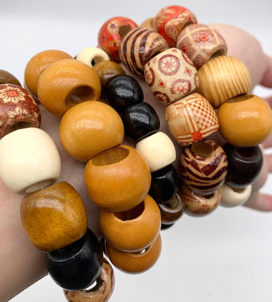 200Pcs Large Hole Barrel Wood European Loose Beads 4 Colors Natural Wooden Dreadlock Hair Braid Beads for Hair Braids Jewelry Bracelet Necklace Making 16X16-17Mm