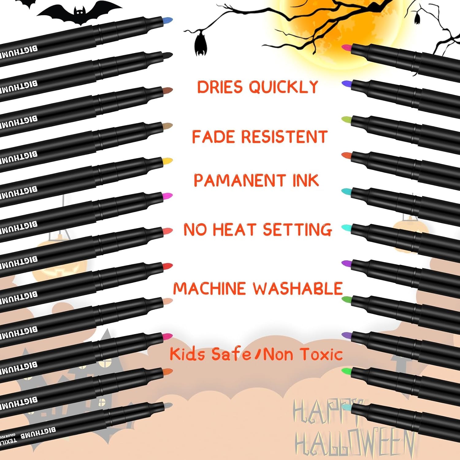 16 Pieces Halloween White DIY Hats with 24 Colors Fabric Markers Pen Bulk for Halloween Supplies