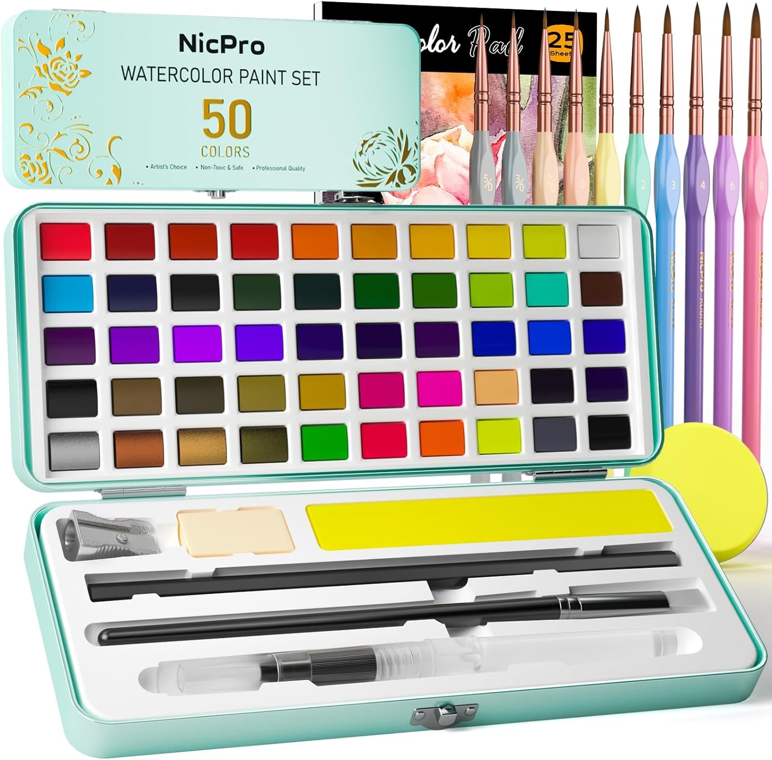 50 Colors Watercolor Paint Set, Including Metallic & Fluorescent Color, 8PCS Pastel Detail Painting Brush, Water Color Paper, Palette, Art Supplies Kit for Artist Adult Beginner with Gift Box