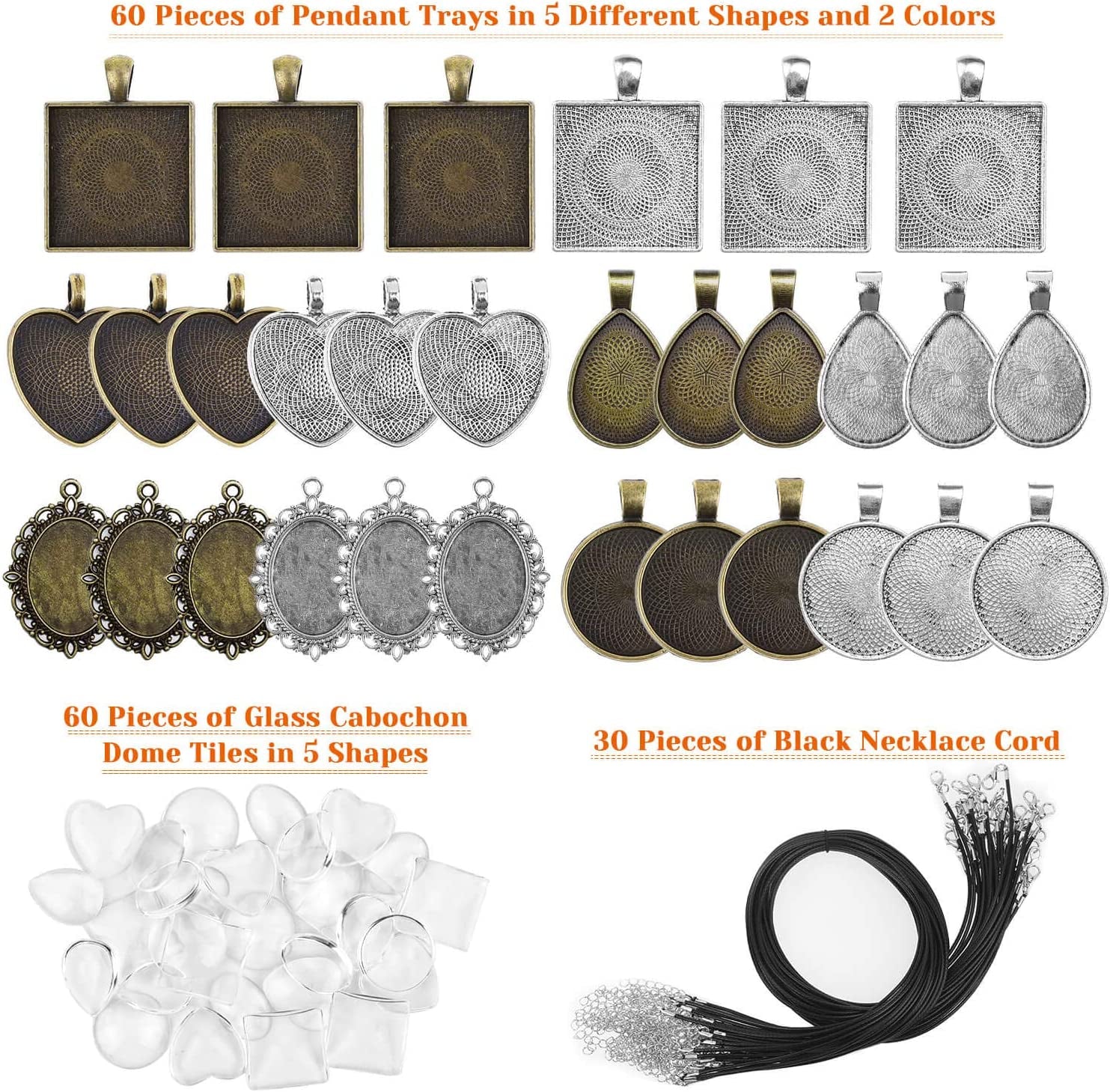 Pendant Trays with Glass Cabochons for Jewelry Making, 90Pcs Pendants Trays Set Including 30Pcs Bezel Pendant Trays Blanks, 30Pcs Glass Cabochons and 30Pcs Necklaces Cords for Necklace Making